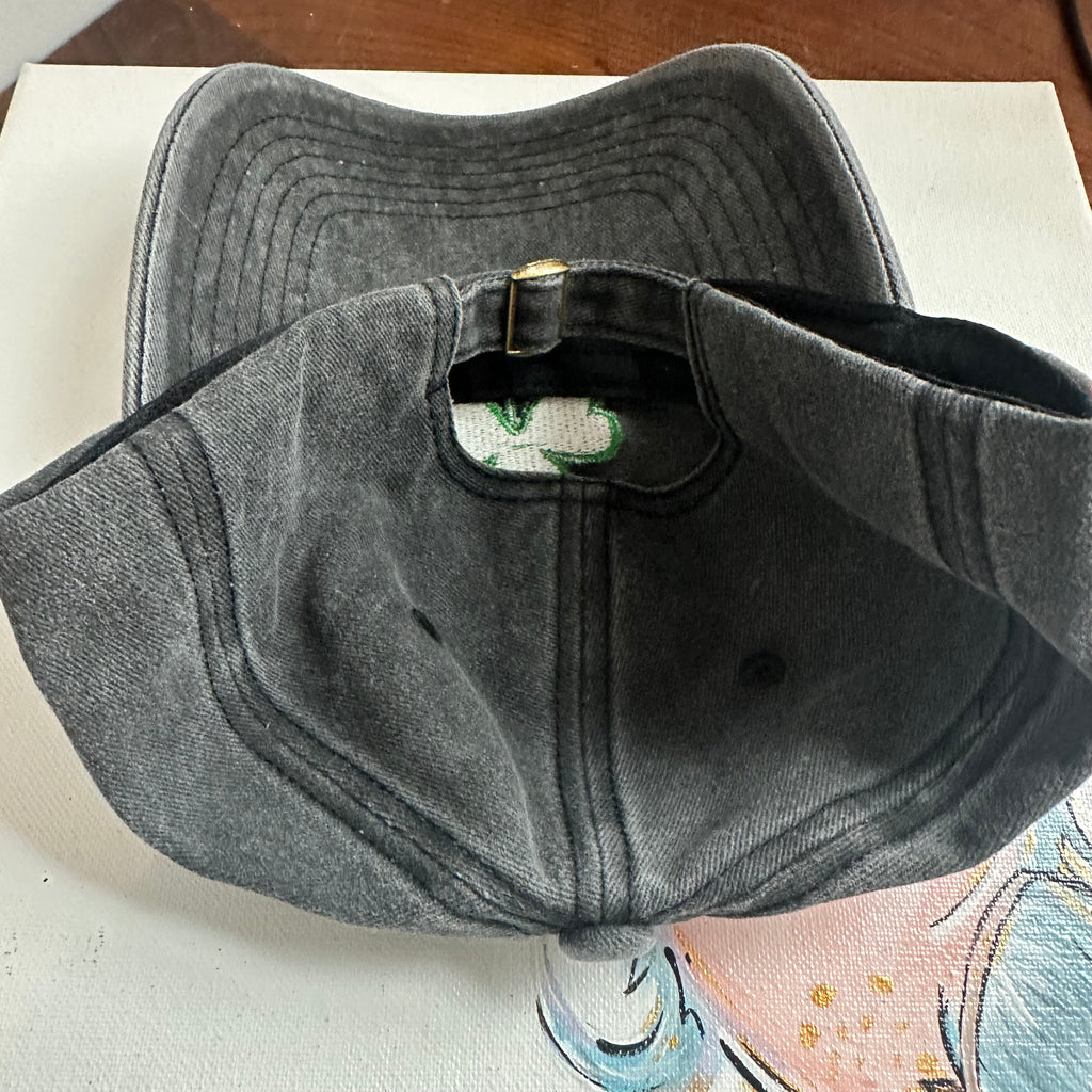 Upcycled LV Heart Patch on Black Washed Hat with Green Shamrock