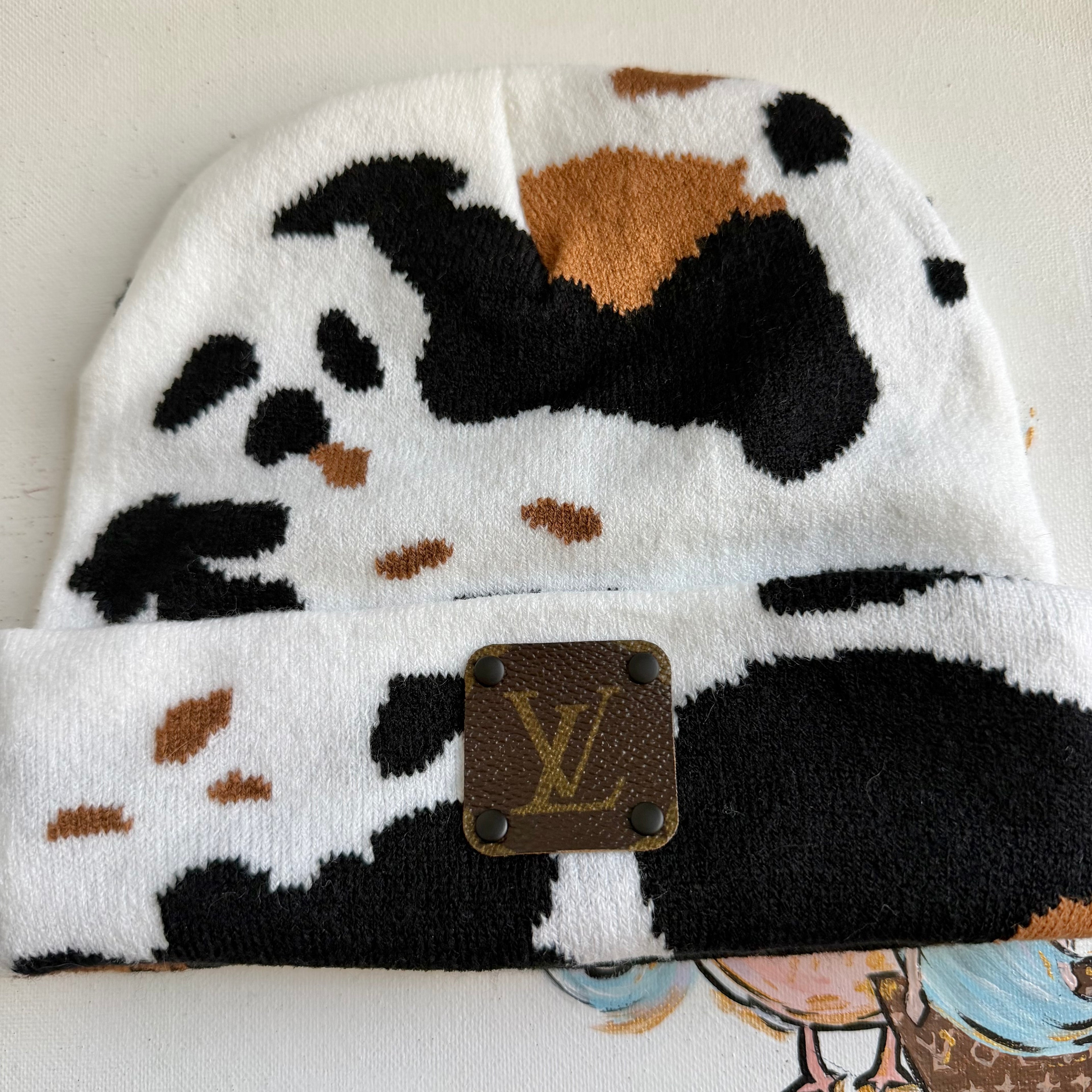 Cow Print Beanie with Upcycled LV Patch (No Pom)