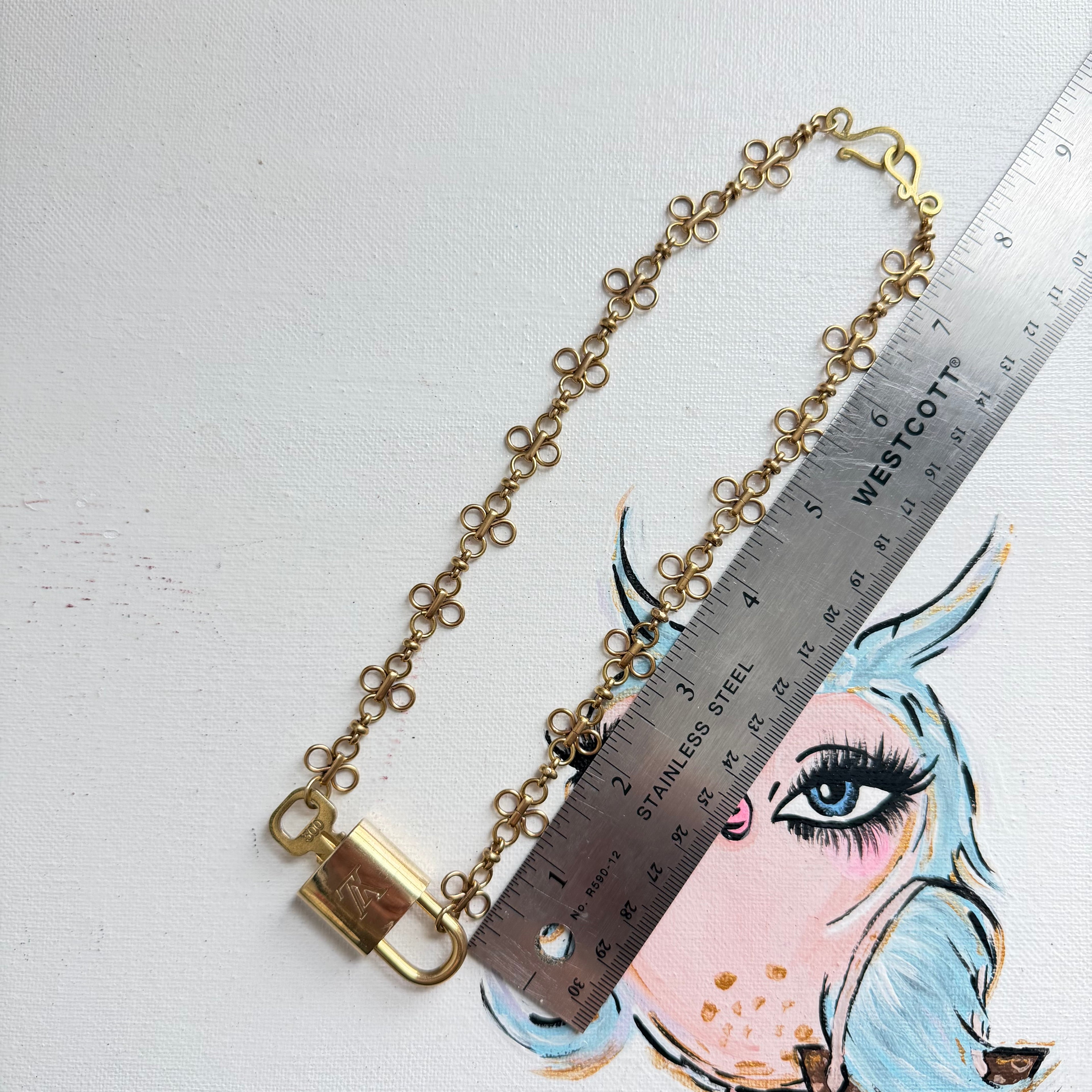 Key to My Heart Necklace - Upcycled LV Padlock on Floral Brass Chain