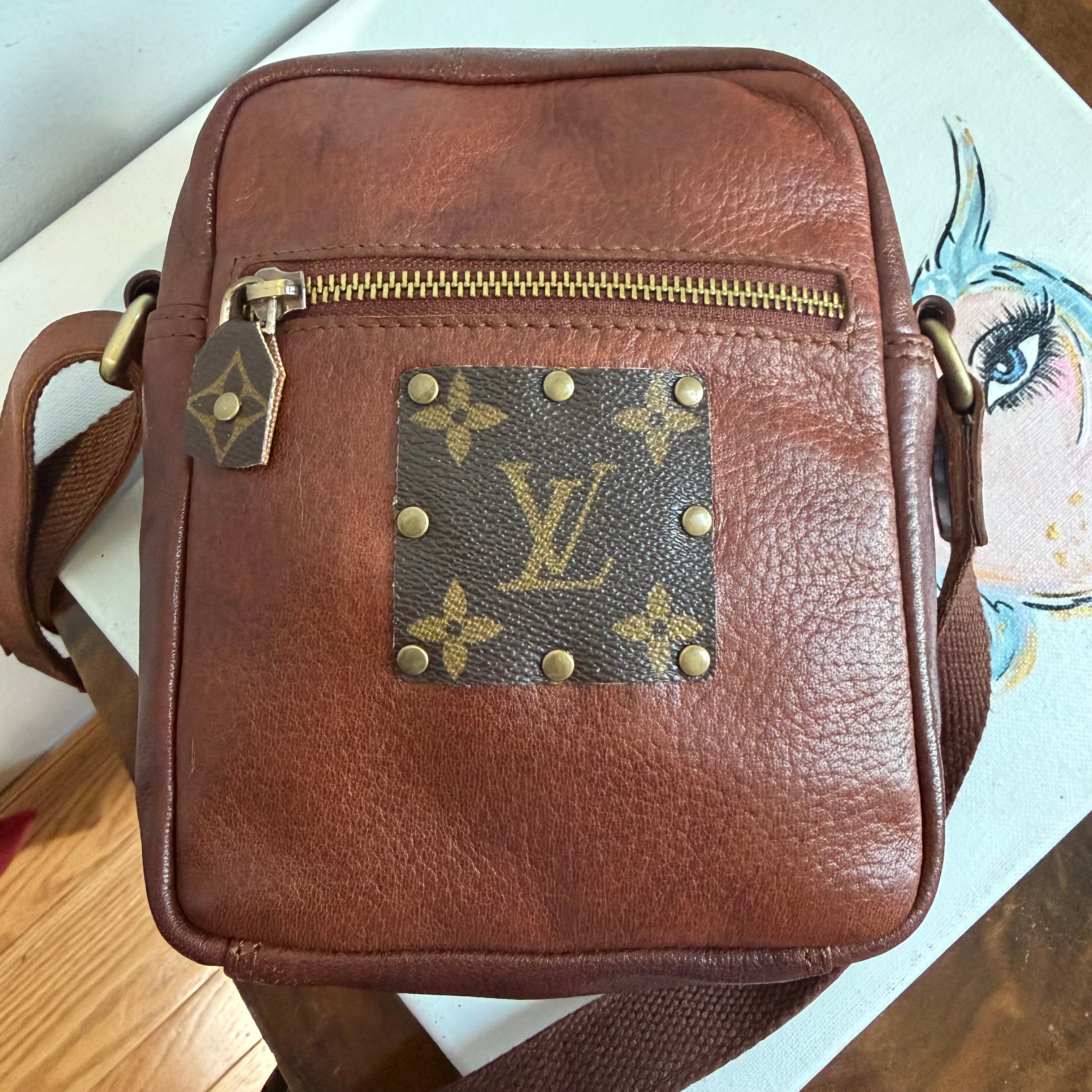 Cognac Leather Messenger Bag with LV Monogram Patch