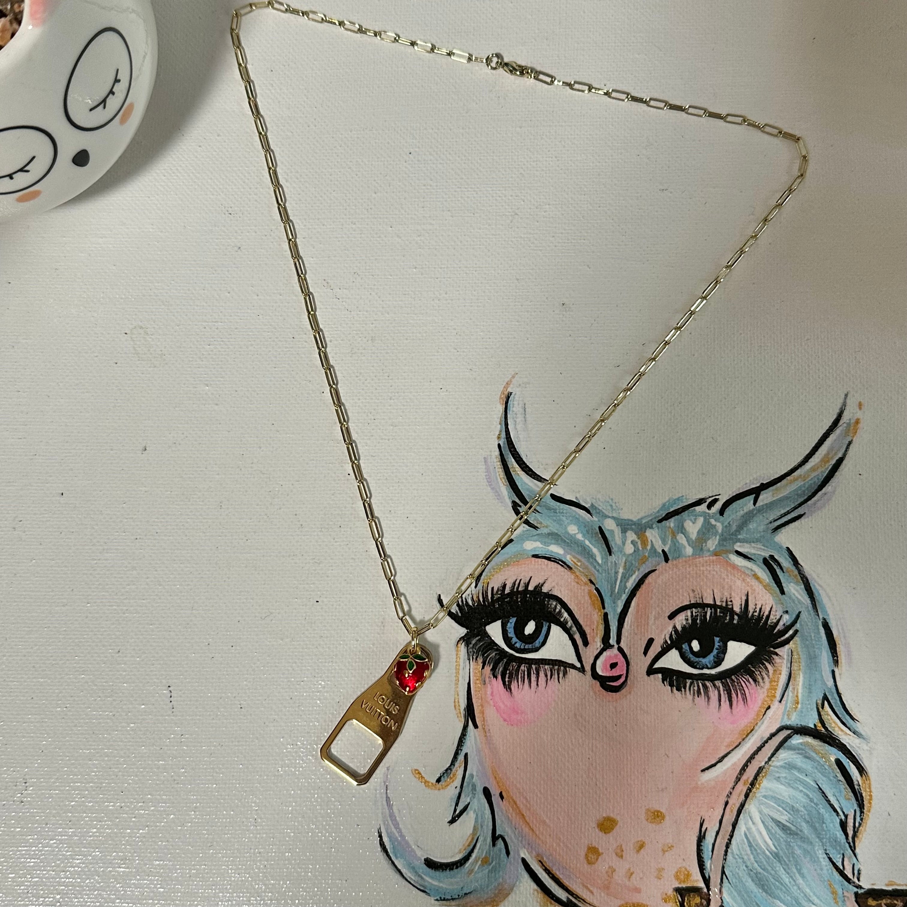 Upcycled Gold LV Zipper Pull with Fruit Charm Necklace