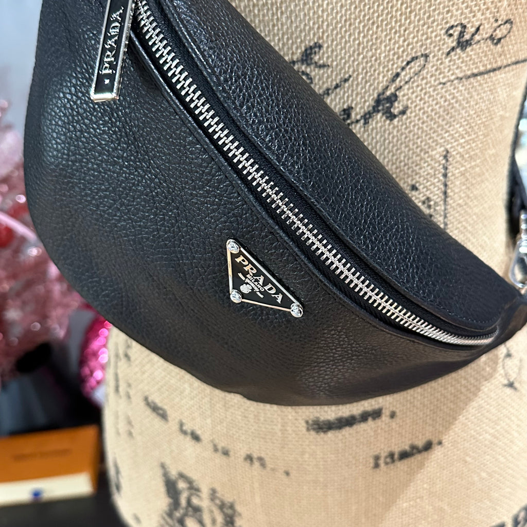 Black Leather Prada Tag Sling/Fanny Pack Bag (smaller)