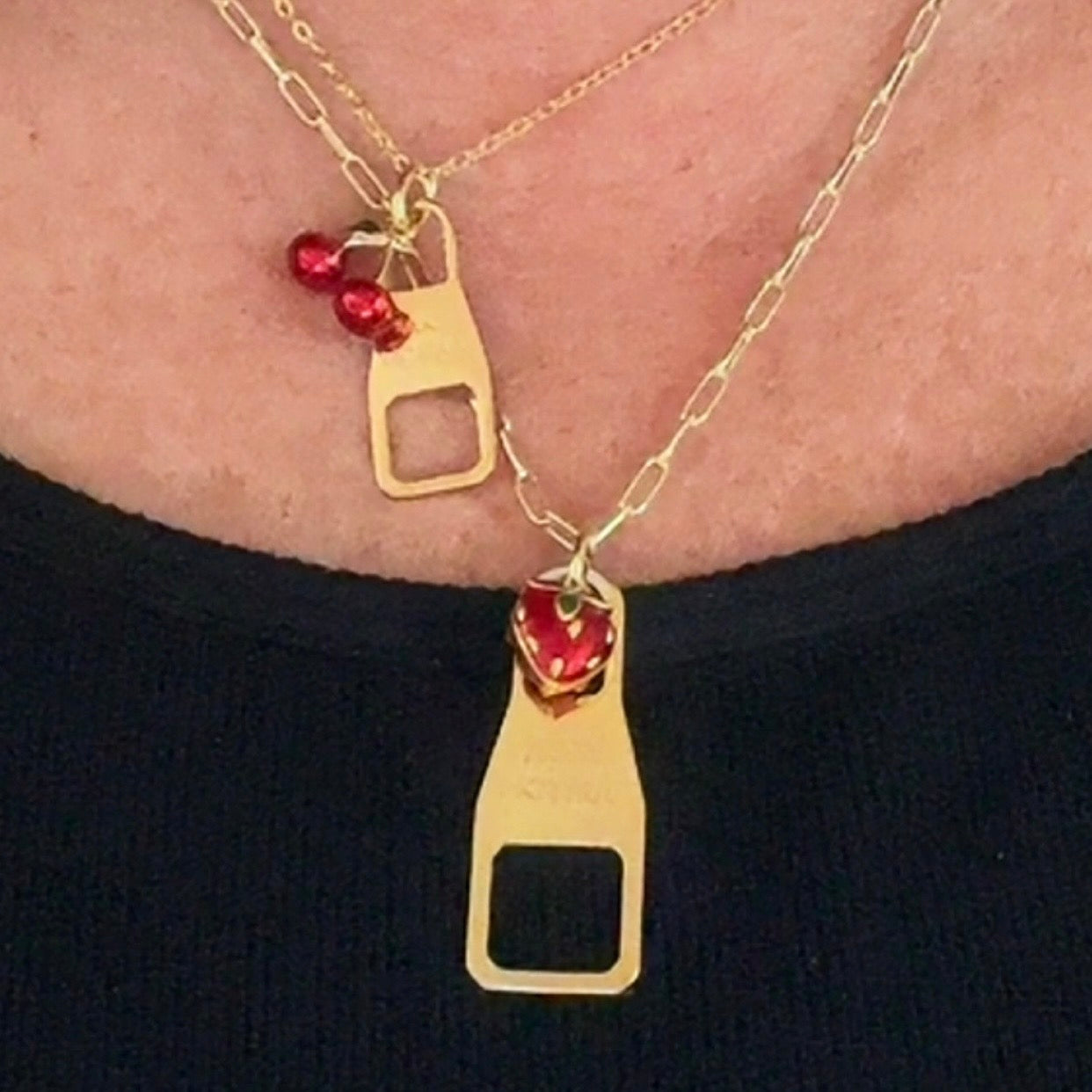 Upcycled Gold LV Zipper Pull with Fruit Charm Necklace