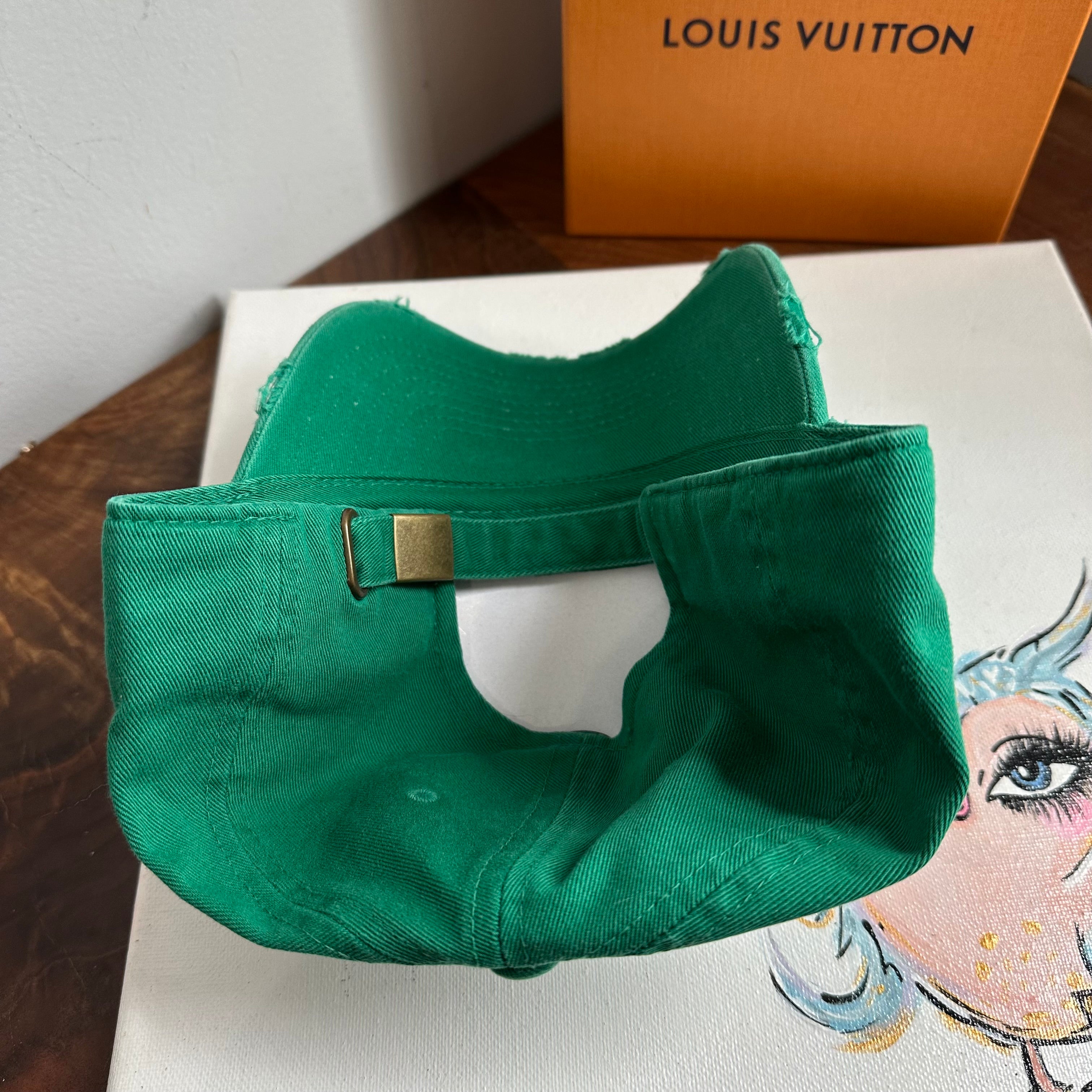 Upcycled LV Patch on Distressed Kelly Green Hat