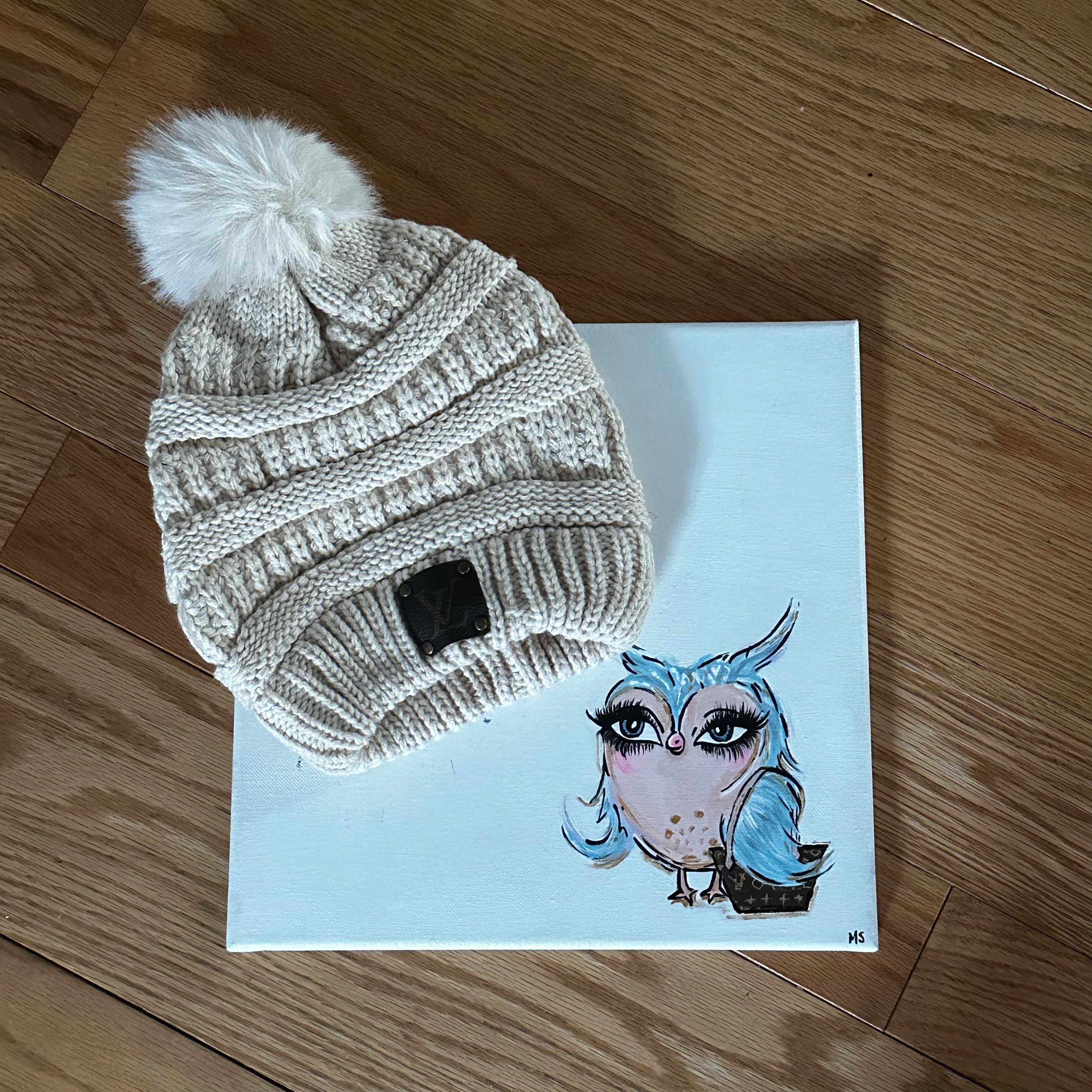 Slouchy Beanie with Pom with Upcycled LV Patch