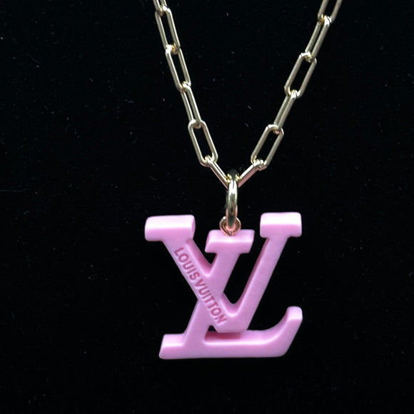 Pink Resin LV Pendant on Gold-Filled Paperclip Chain Necklace