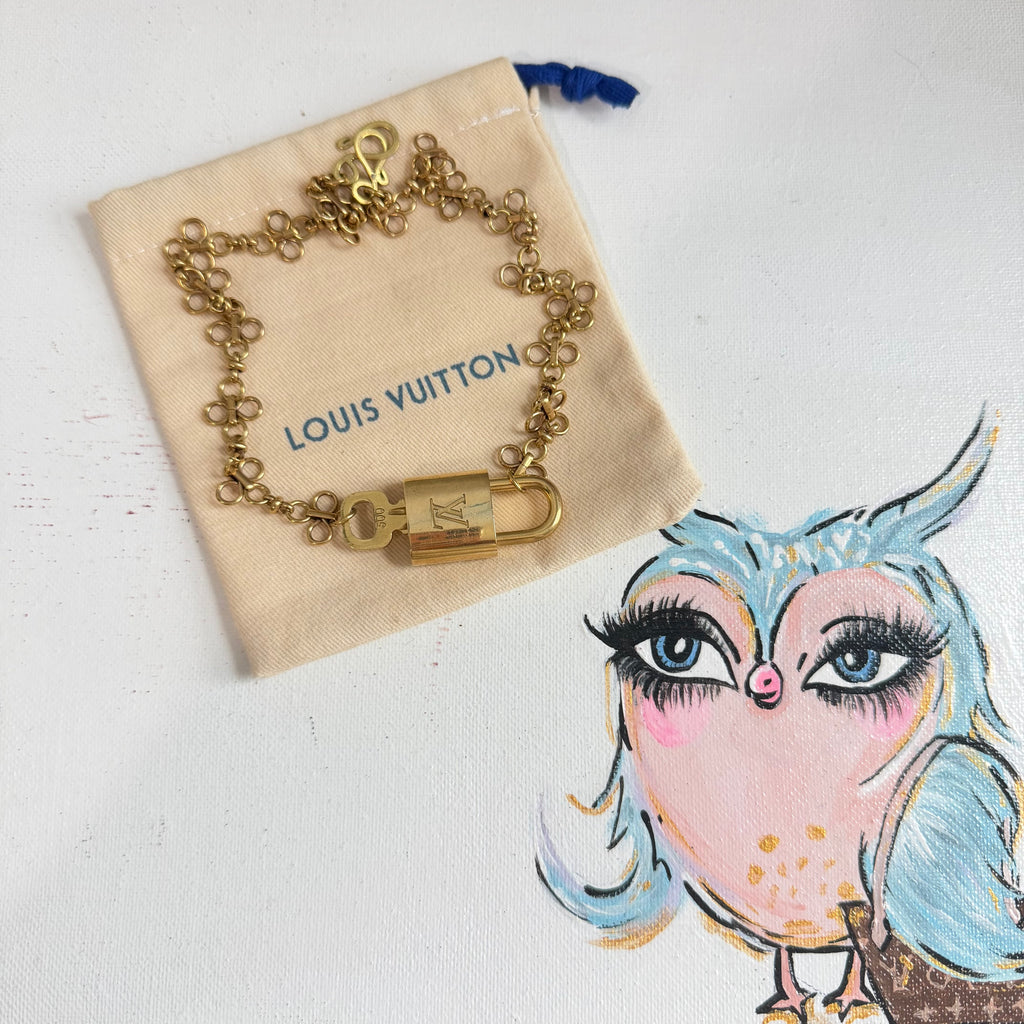 Key to My Heart Necklace - Upcycled LV Padlock on Floral Brass Chain