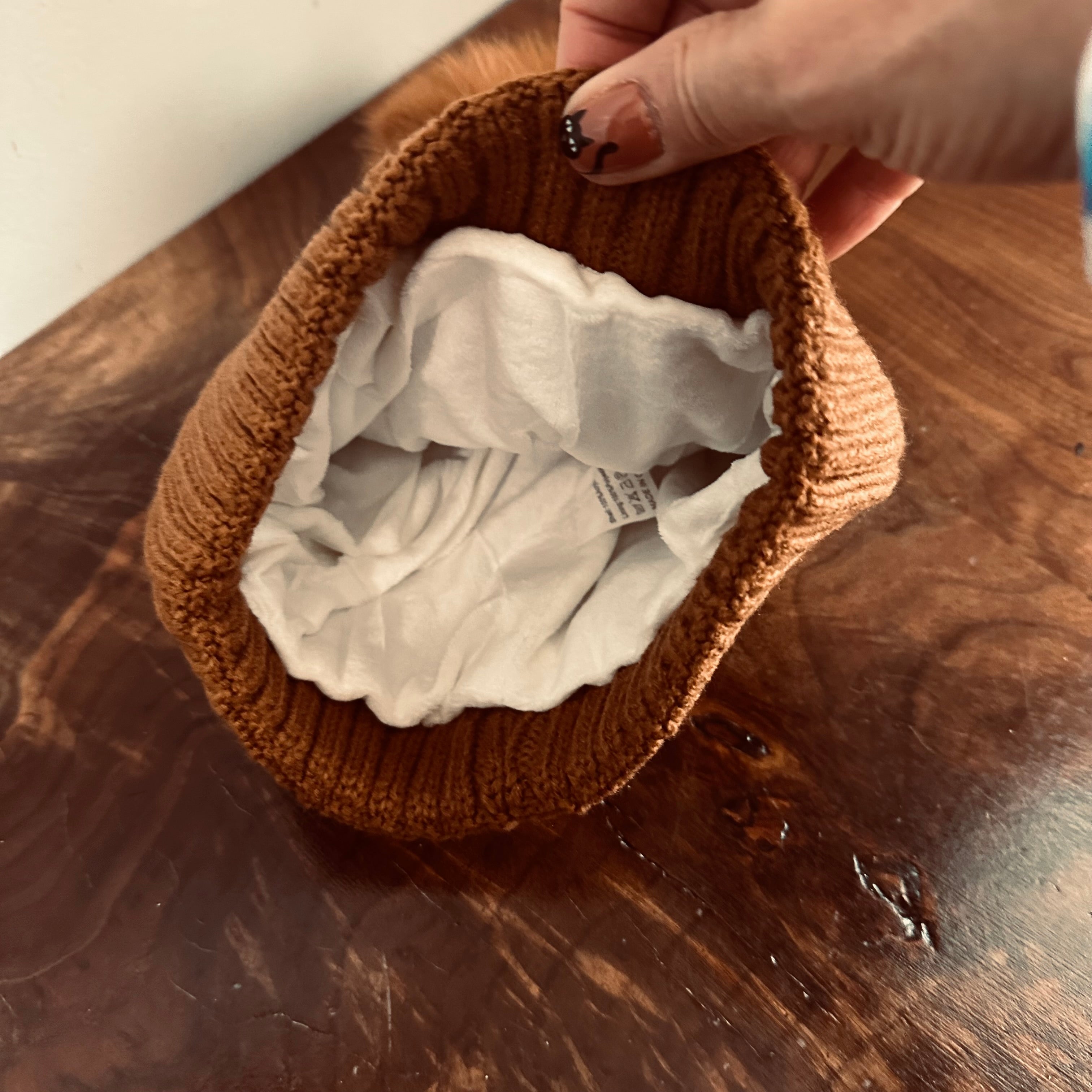 Upcycled LV Patch on Cognac-Colored Pom Beanie Hat