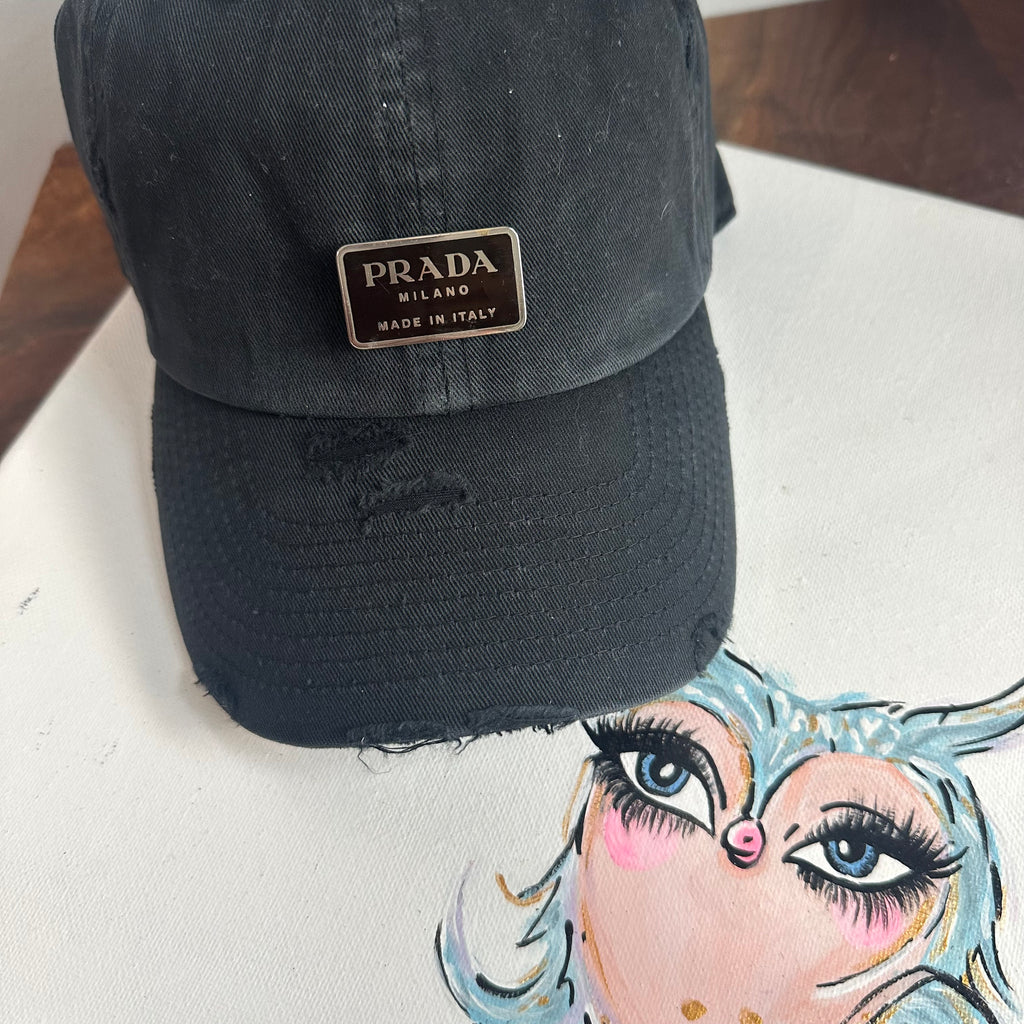 Upcycled Black Prada Tag Hat in Black Hat
