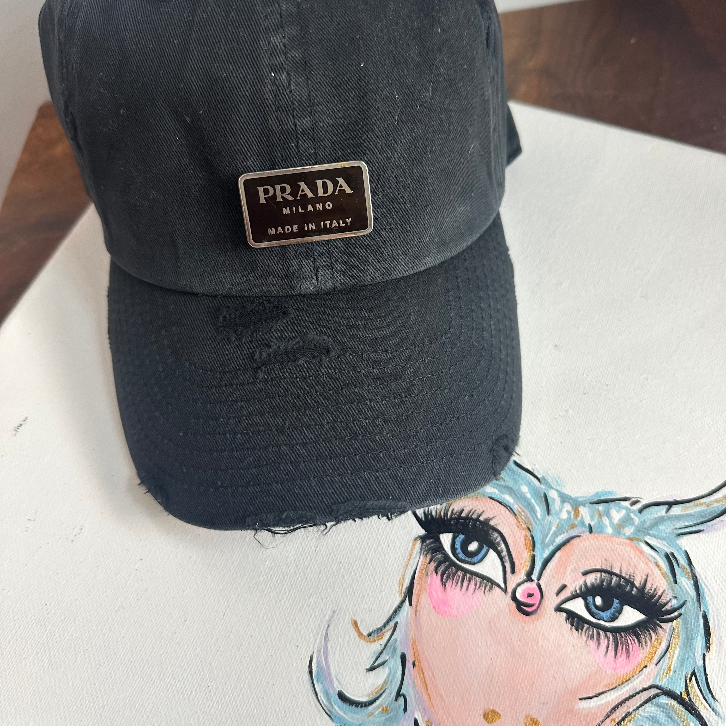 Upcycled Black Prada Tag Hat in Black Hat