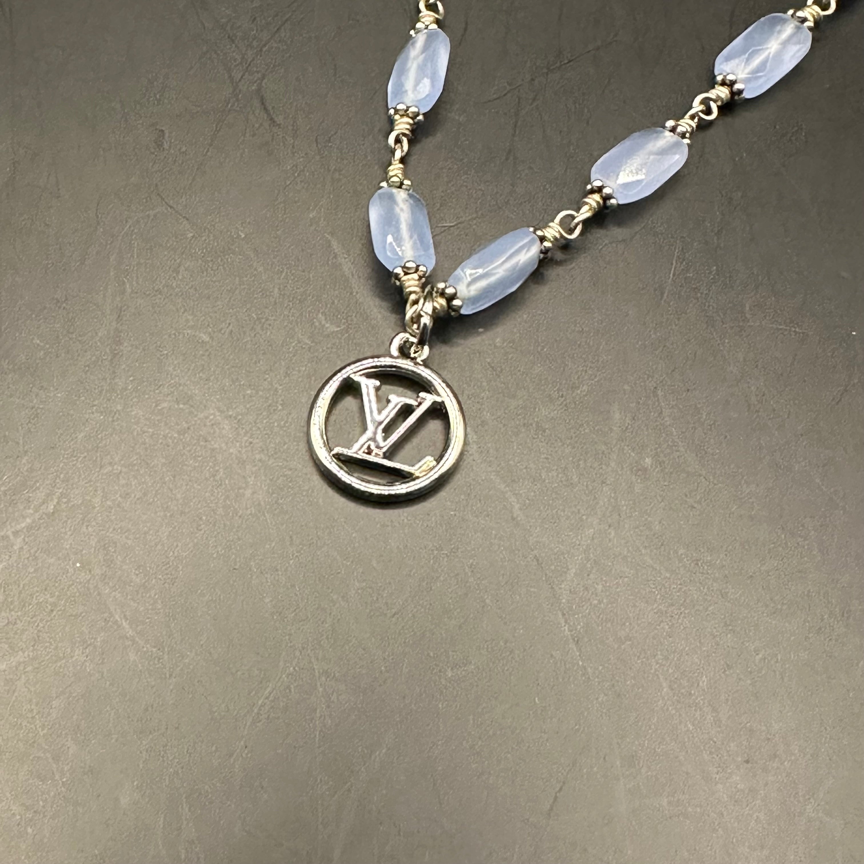 LV Pendant on Pale Blue Chalcedony Necklace