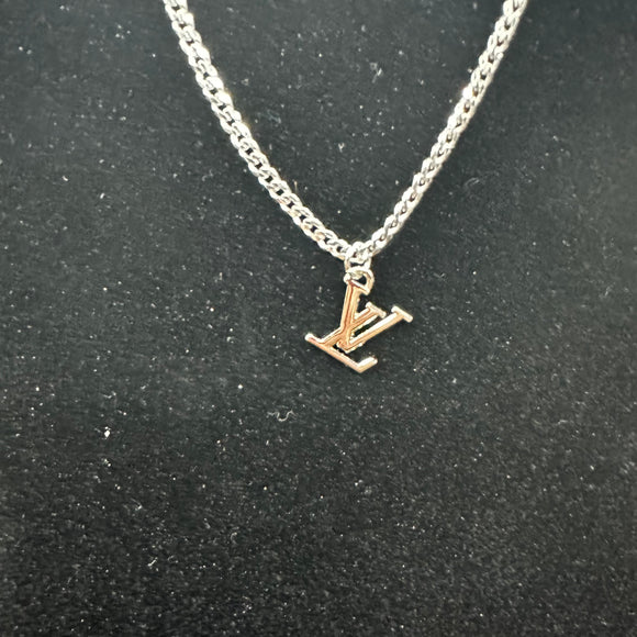 Silver LV Charm on White-Gold-Filled Chain Necklace