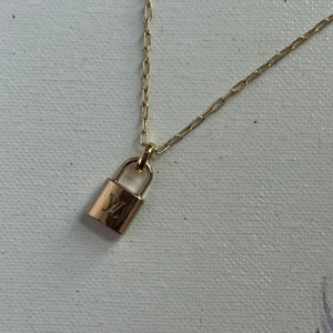 LV Lock Charm on Gold-Filled Paperclip Chain Necklace