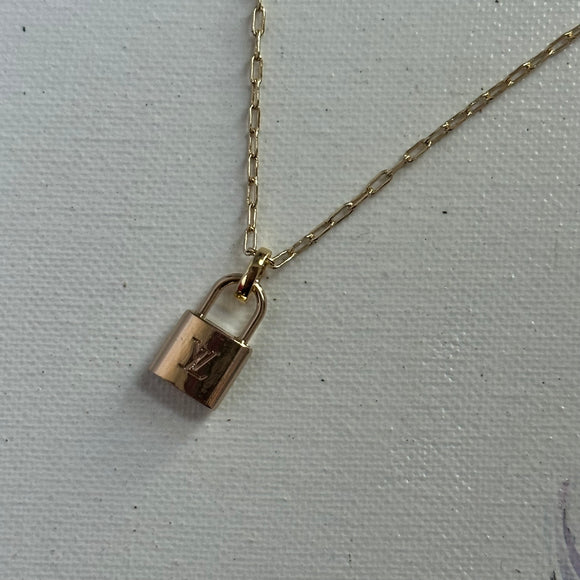 LV Lock Charm on Gold-Filled Paperclip Chain Necklace