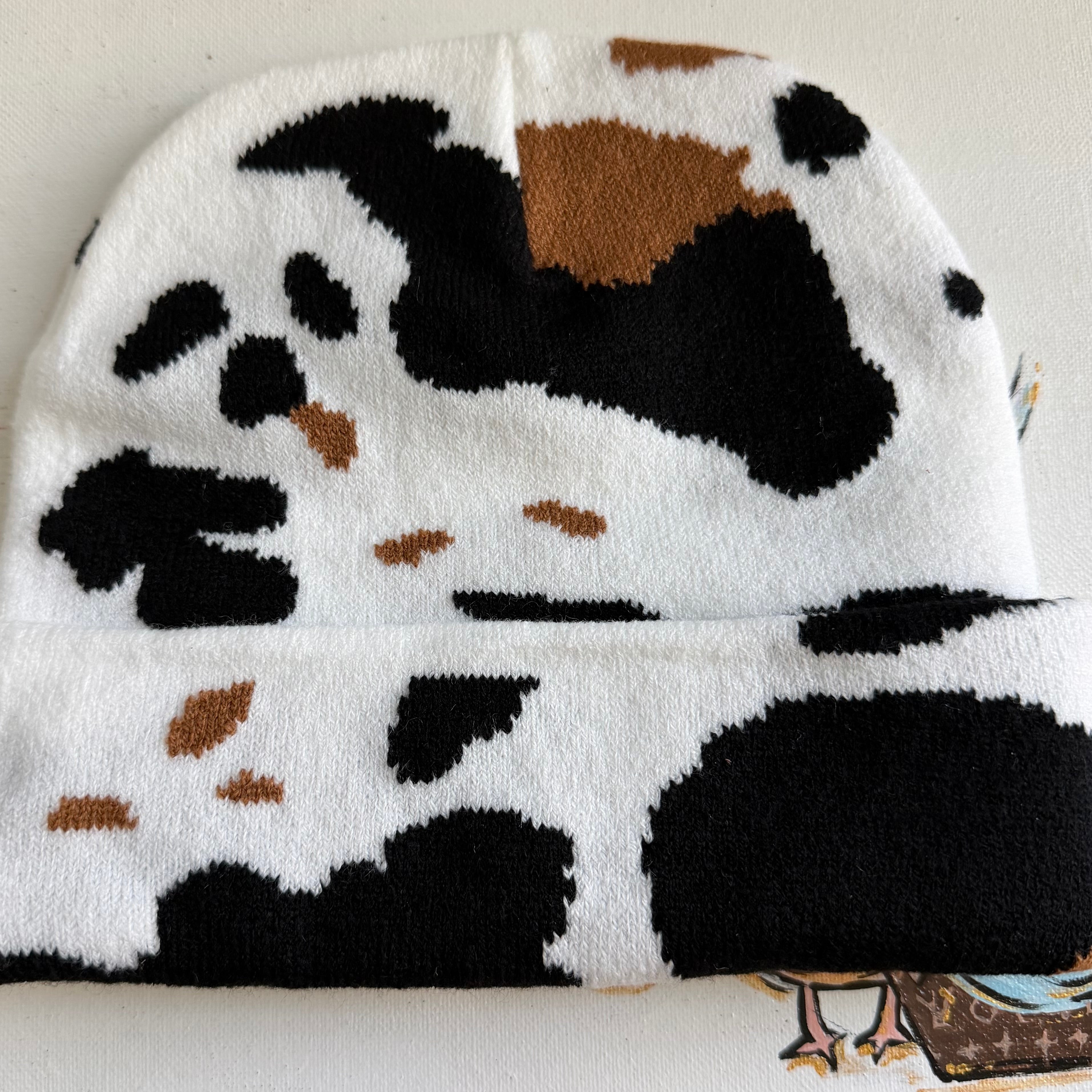 Cow Print Beanie with Upcycled LV Patch (No Pom)