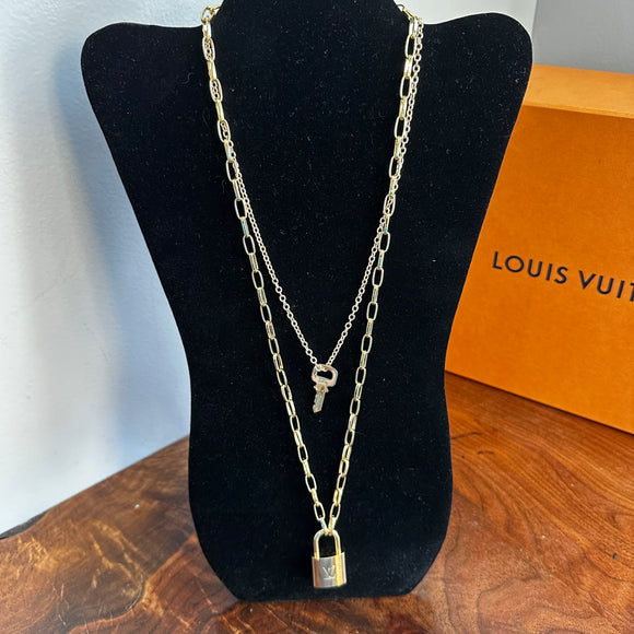 Key to My Heart - Brass LV Padlock & Key - Double Layer Necklace