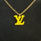 Yellow Resin LV Pendant on Gold-Filled Paperclip Chain Necklace