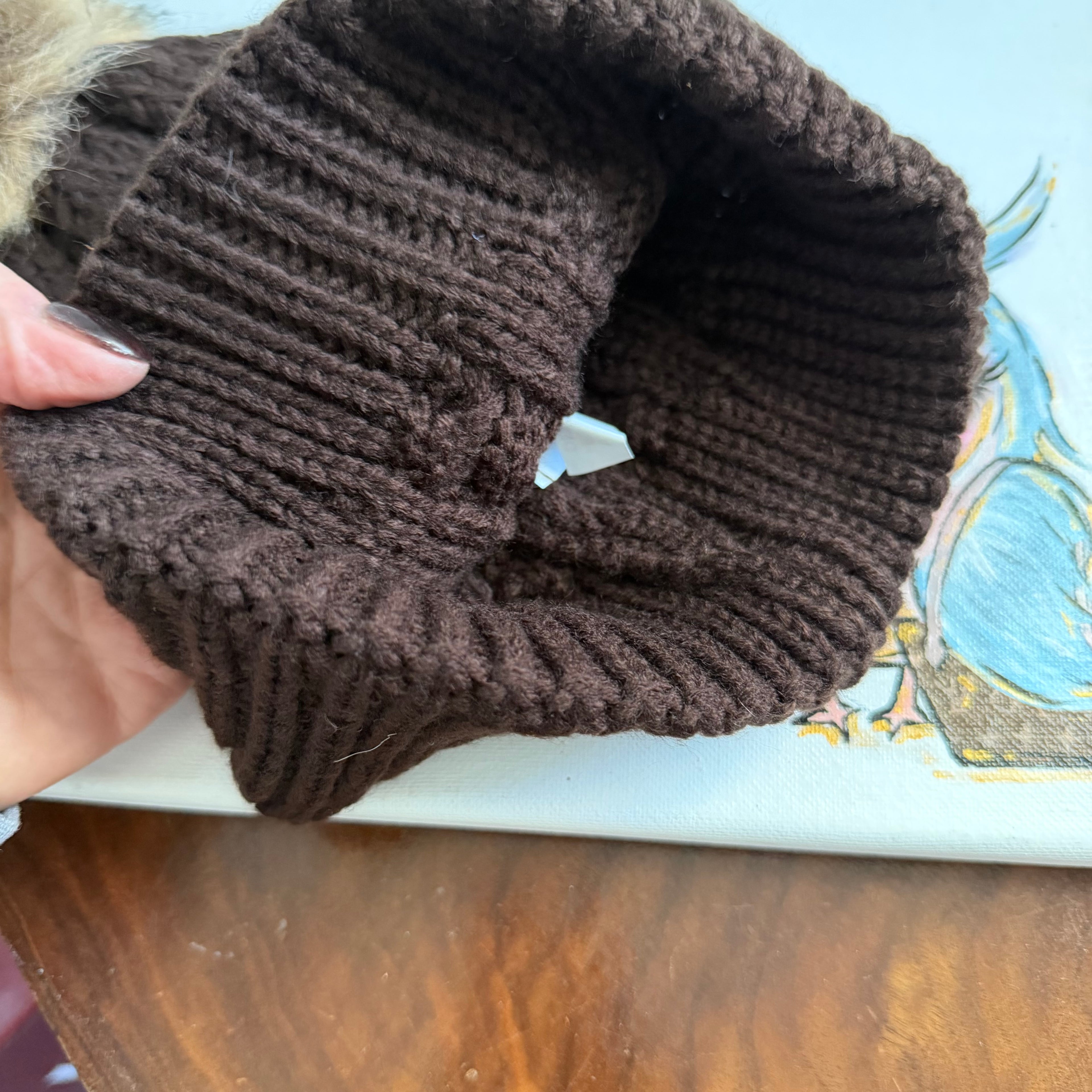 Chocolate Brown Beanie with Pom with Upcycled LV Patch