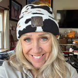Cow Print Beanie with Upcycled LV Patch (No Pom)