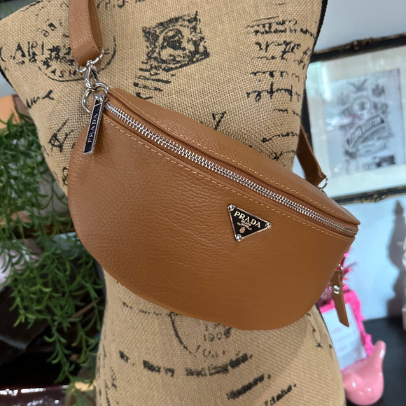 Camel Leather Prada Tag Sling/Fanny Pack Bag Silver (larger)