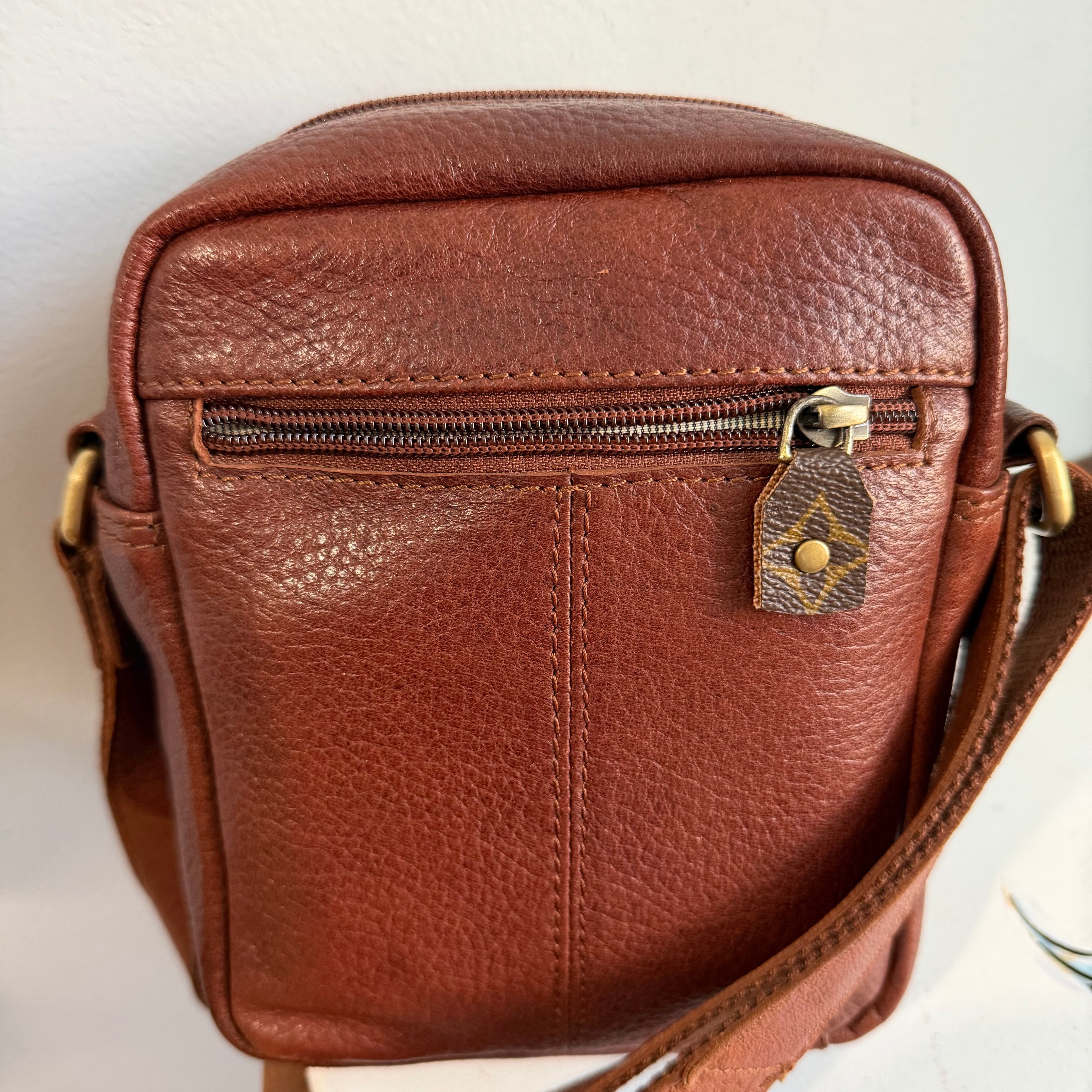 Cognac Leather Messenger Bag with LV Monogram Patch
