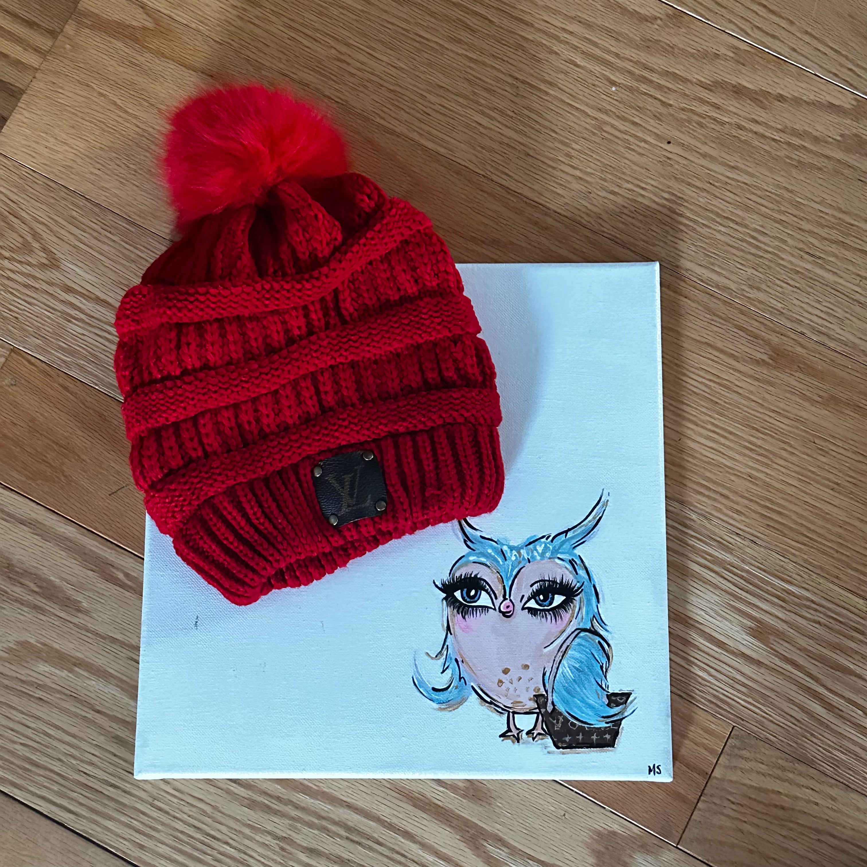 Slouchy Beanie with Pom with Upcycled LV Patch