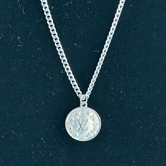 Round Silver LV Pendant Necklace on White-Gold-Filled Cuban Chain