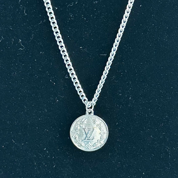 Round Silver LV Pendant Necklace on White Gold Filled Cuban Chain