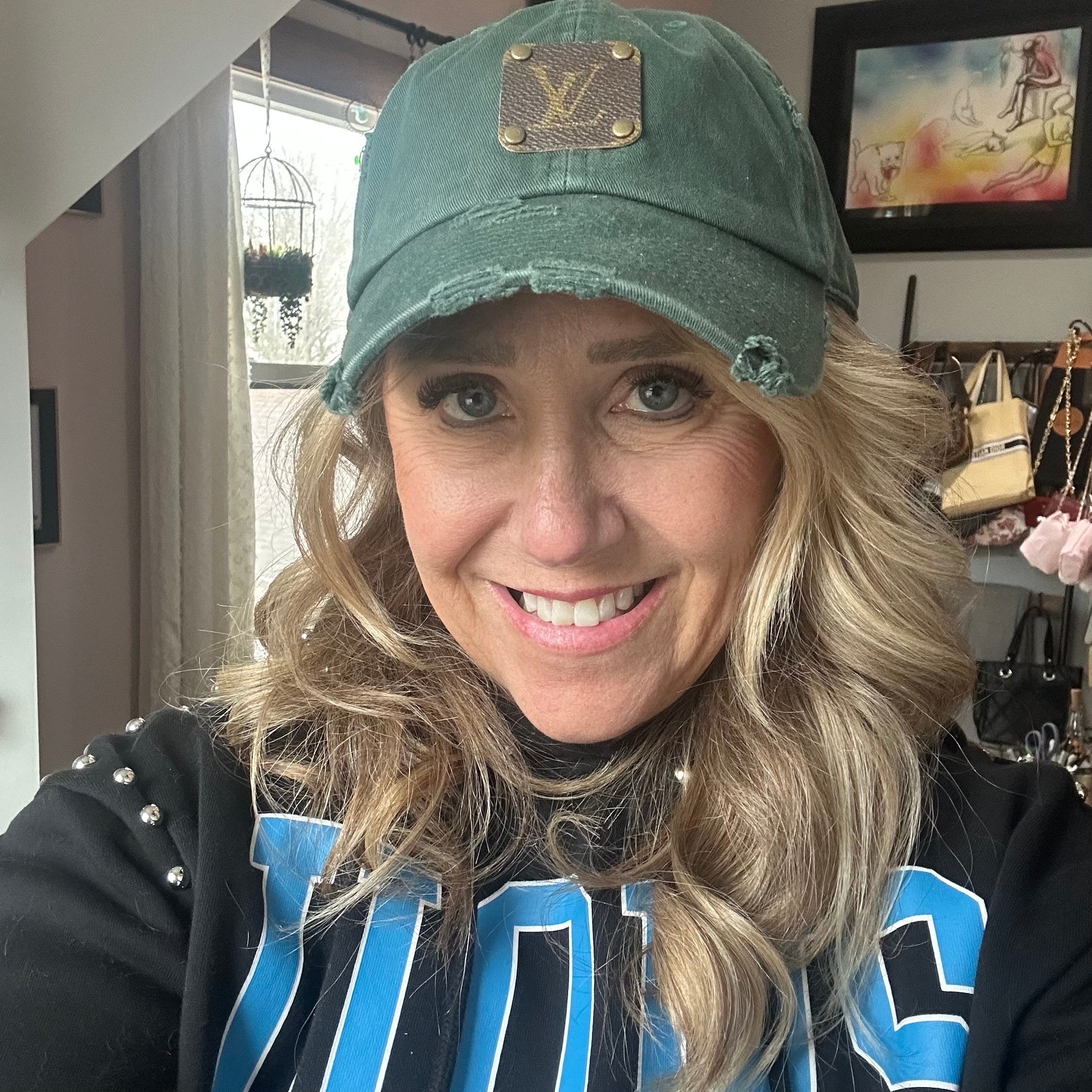 Upcycled LV Patch on Distressed Forest Green Hat