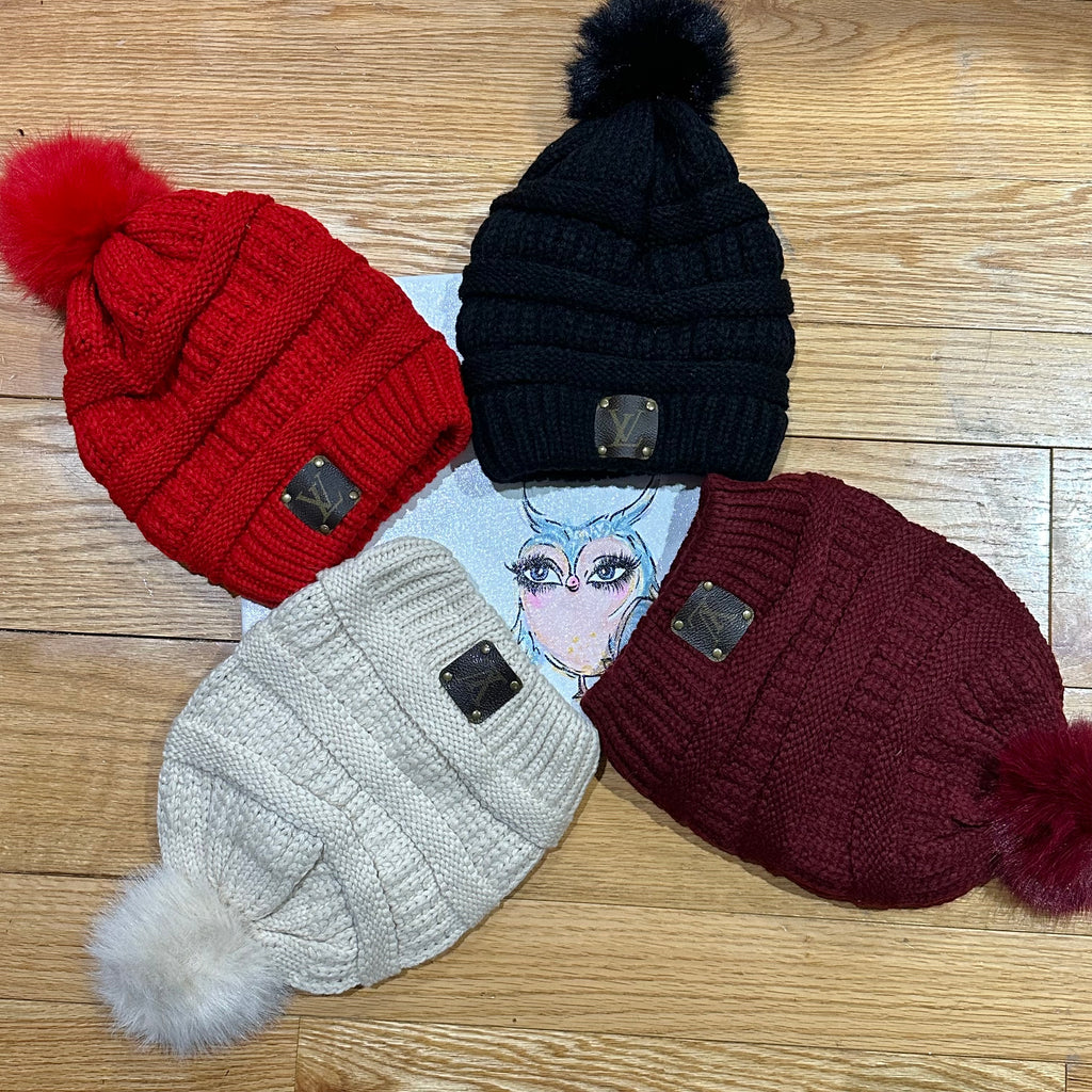 Slouchy Beanie with Pom with Upcycled LV Patch