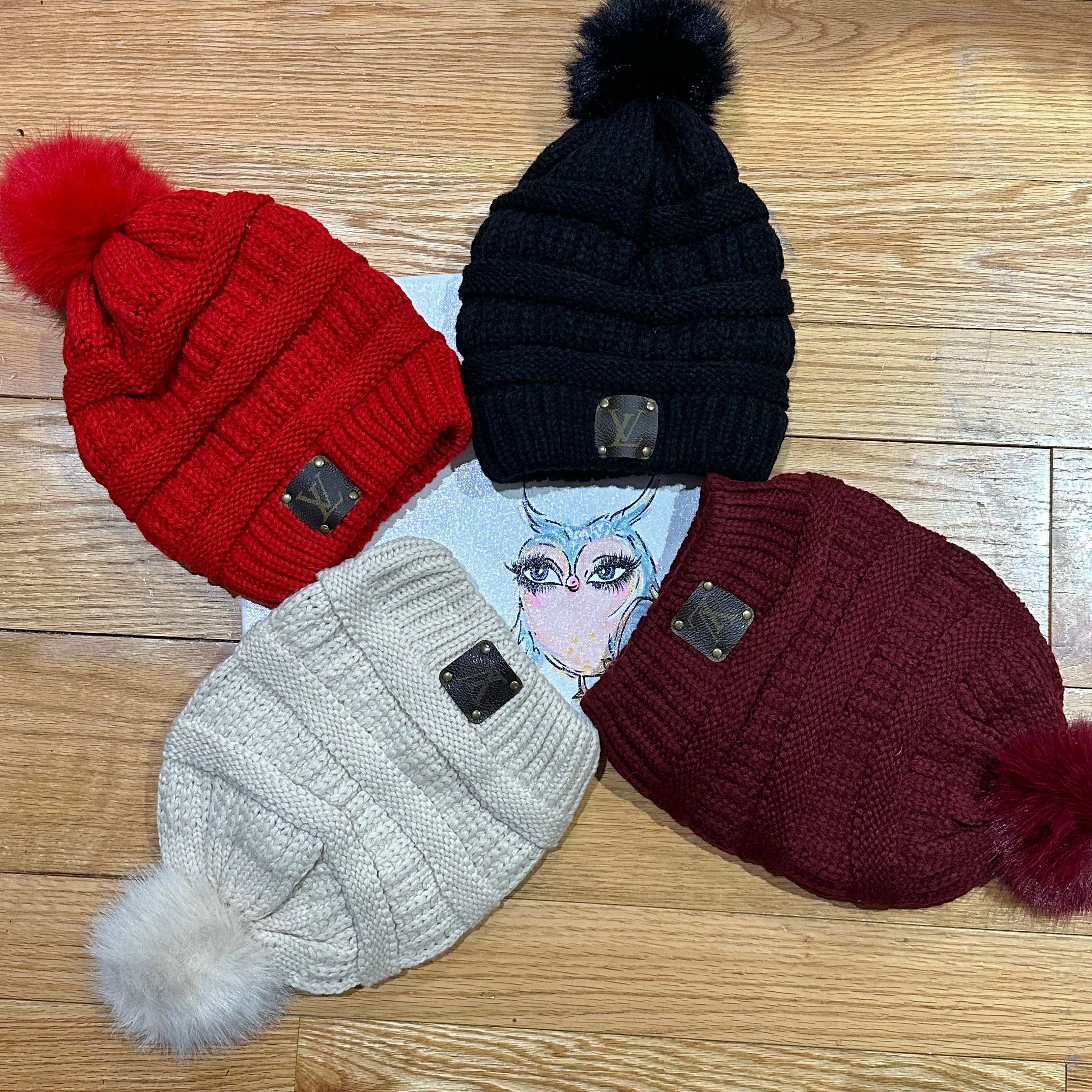 Slouchy Beanie with Pom with Upcycled LV Patch