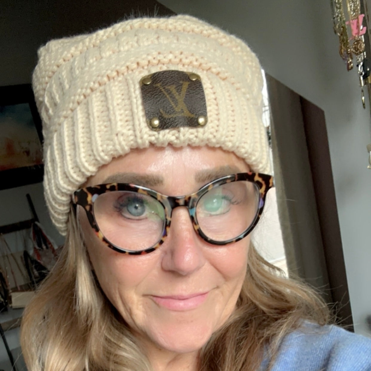 Slouchy Beanie with Pom with Upcycled LV Patch