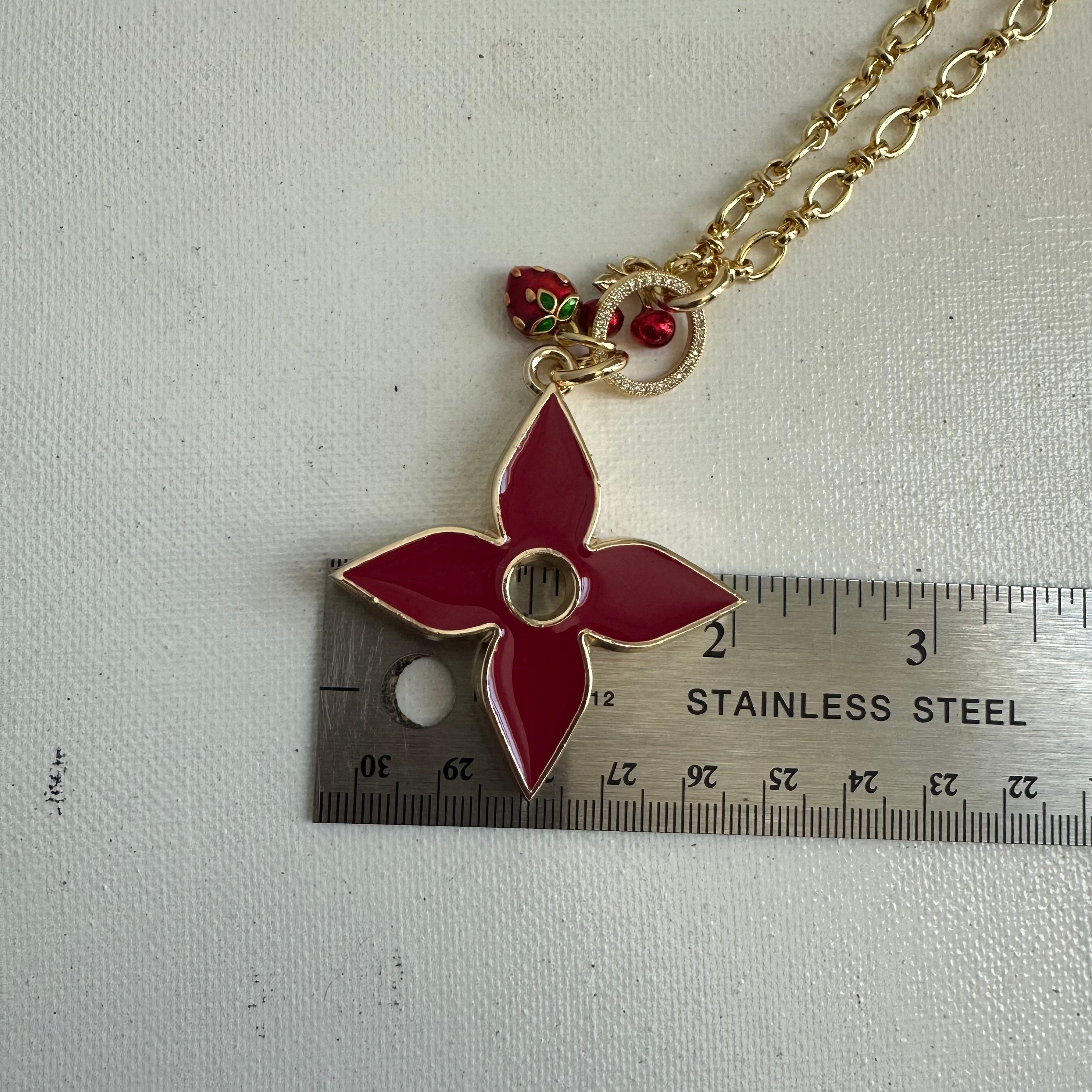 Upcycled LV Quatrefoil Charm Necklace in Deep Red - with Cherries and Strawberry Charms