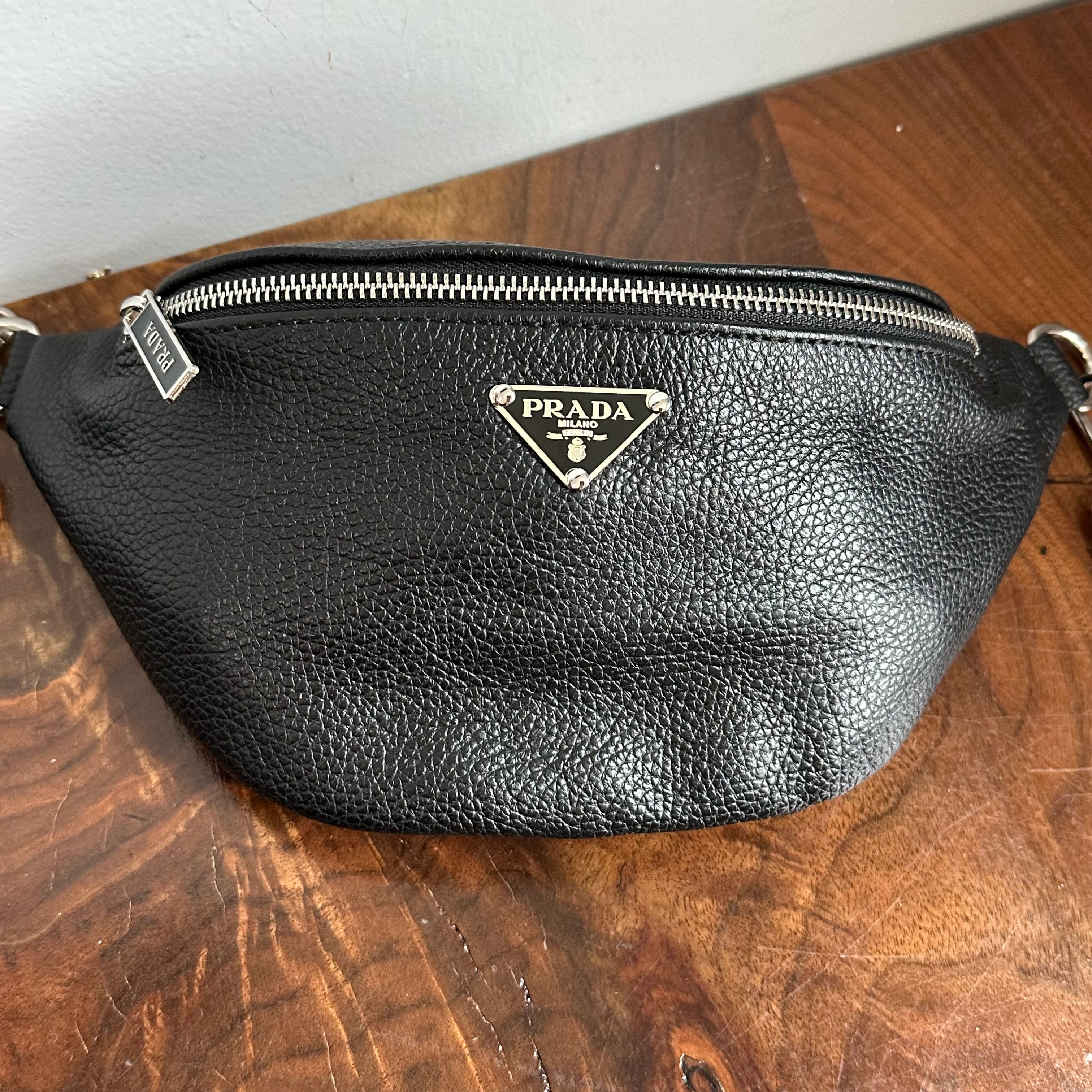 Black Leather Prada Tag Sling/Fanny Pack Bag (smaller)