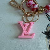 Pink Leopard Beaded Wristlet Keychain with Pink LV Charm