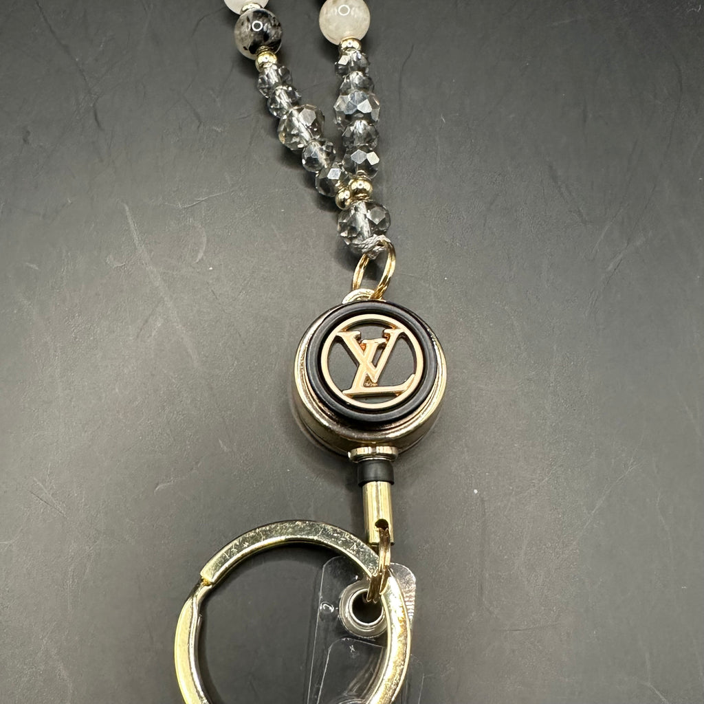 Upcycled LV Button Lanyard/Badge Holder in Black Tourmaline Quartz