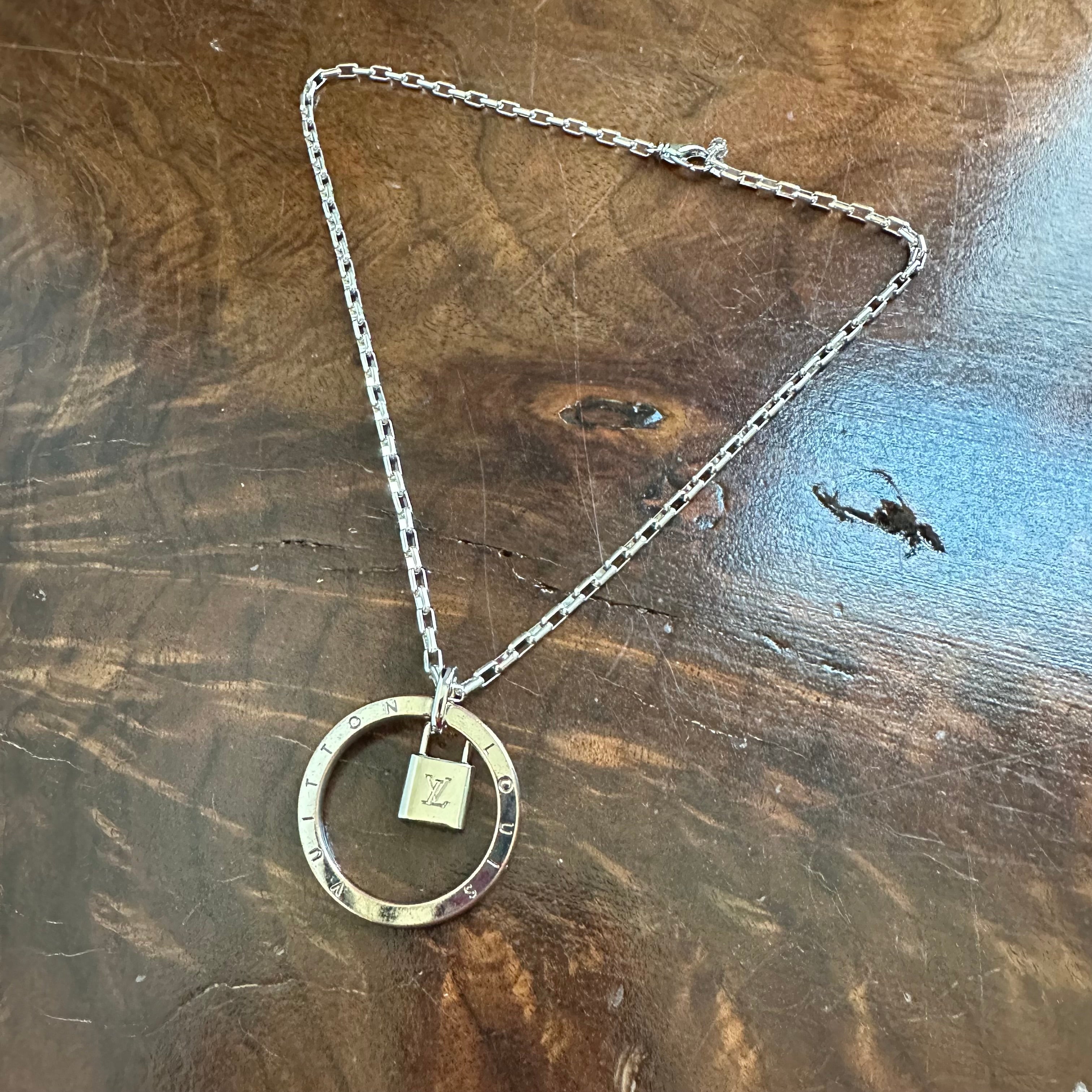 Upcycled LV Key Ring with Silver Lock Charm Necklace
