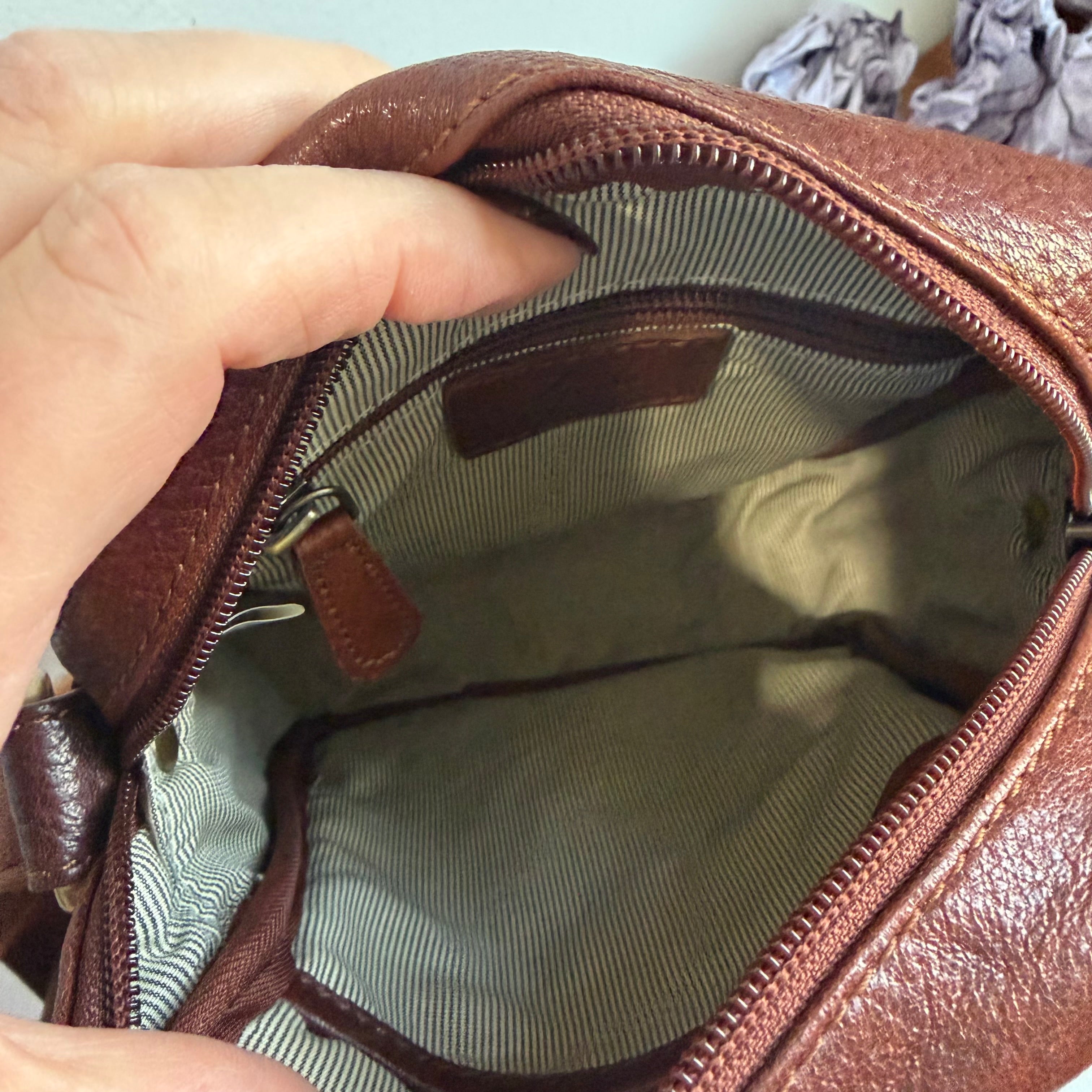 Cognac Leather Messenger Bag with LV Monogram Patch