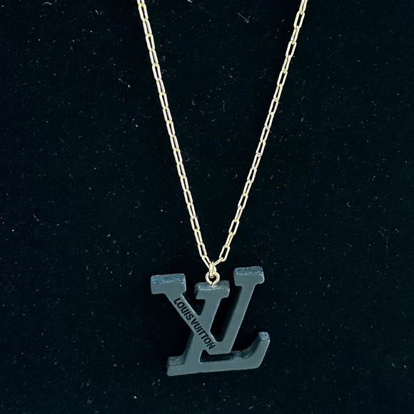 Black Resin LV Pendant Necklace on Gold-Filled Chain