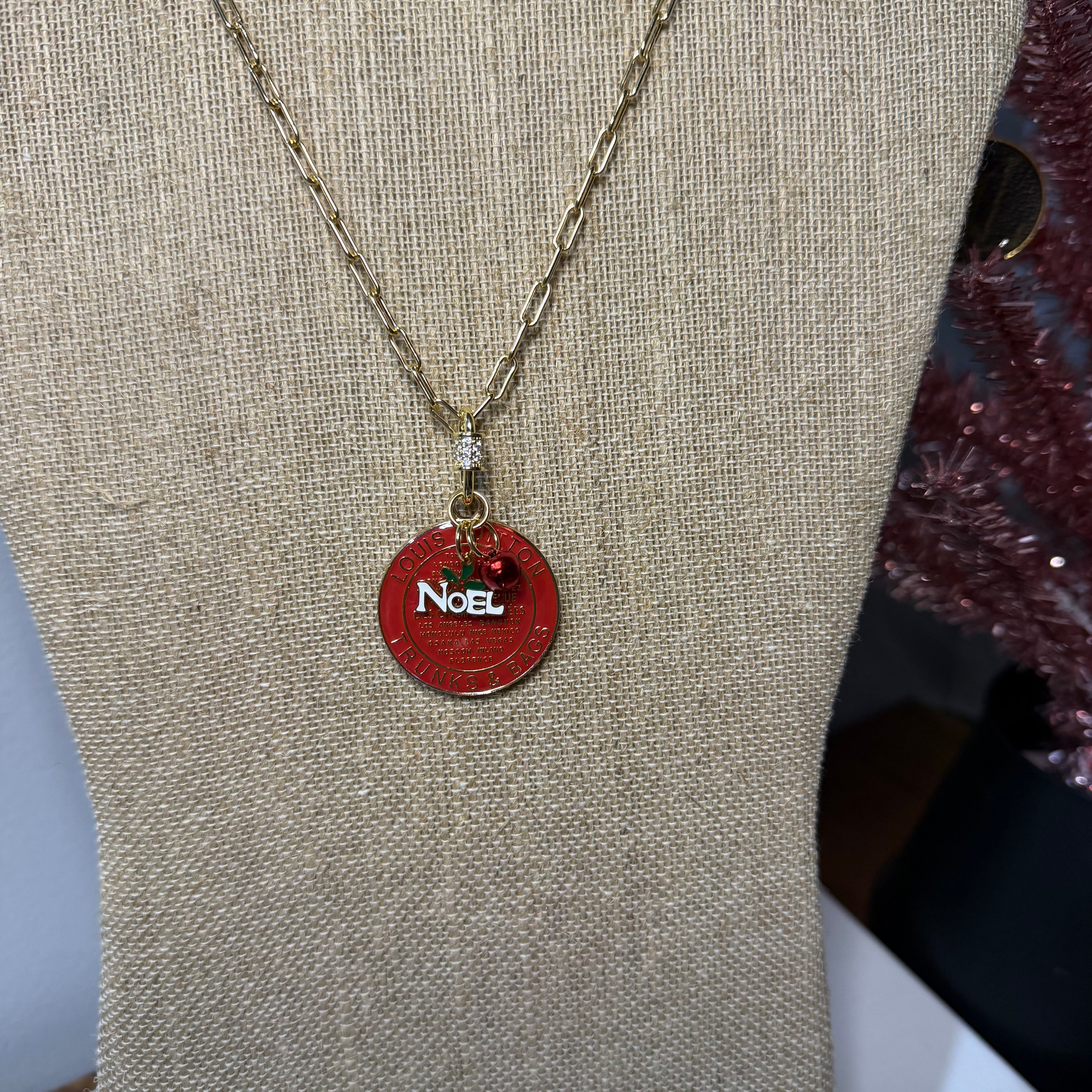 Large Red Christmas LV Trunks & Bags with Gold-Filled Necklace