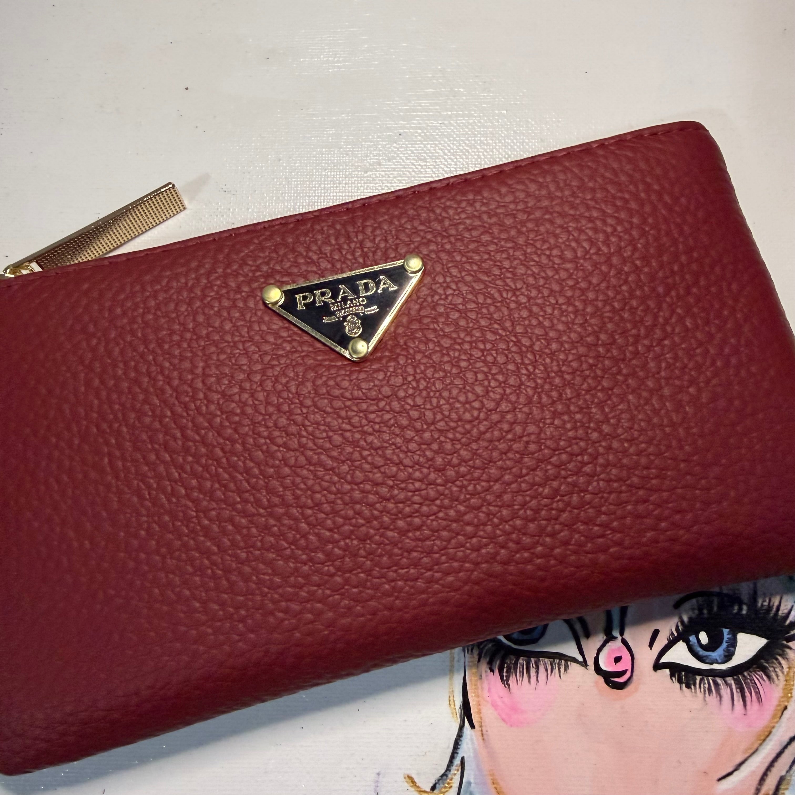 Wine Colored Leather Wristlet Bag - w/Upcycled Prada Tags