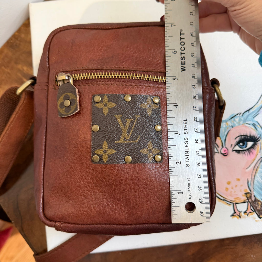 Cognac Leather Messenger Bag with LV Monogram Patch