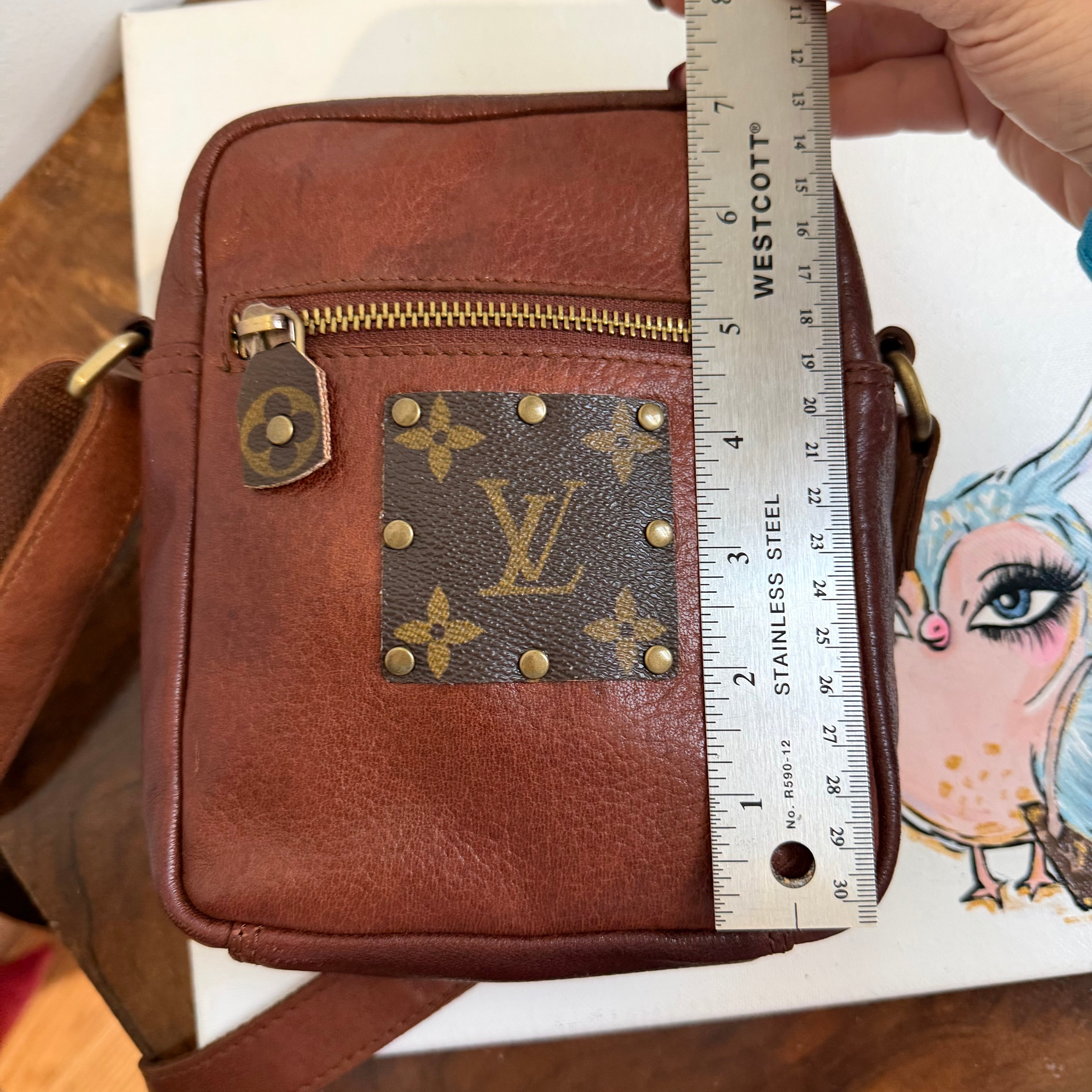 Cognac Leather Messenger Bag with LV Monogram Patch