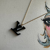 Black Resin LV Pendant Necklace on Gold-Filled Chain