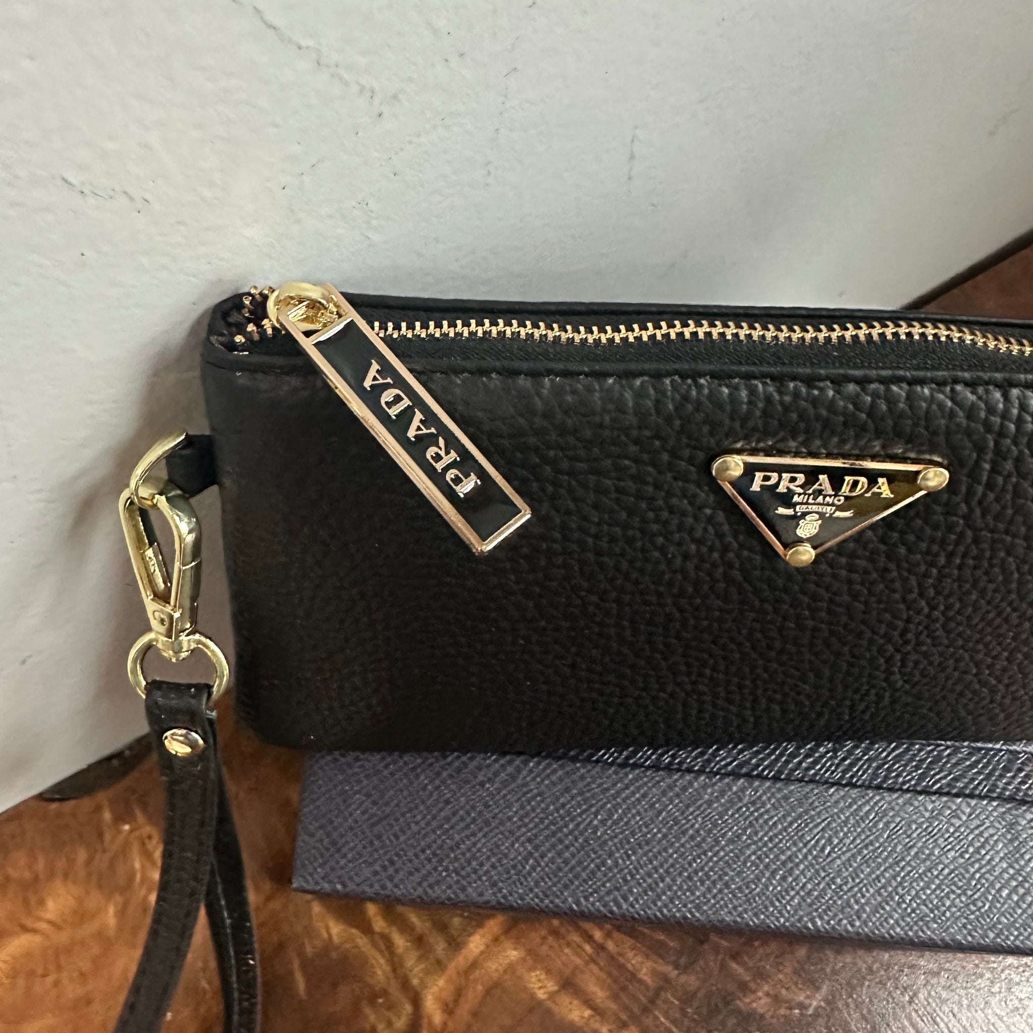 Black Leather Wristlet Bag - w/Upcycled Prada Tag – Beauty Bird
