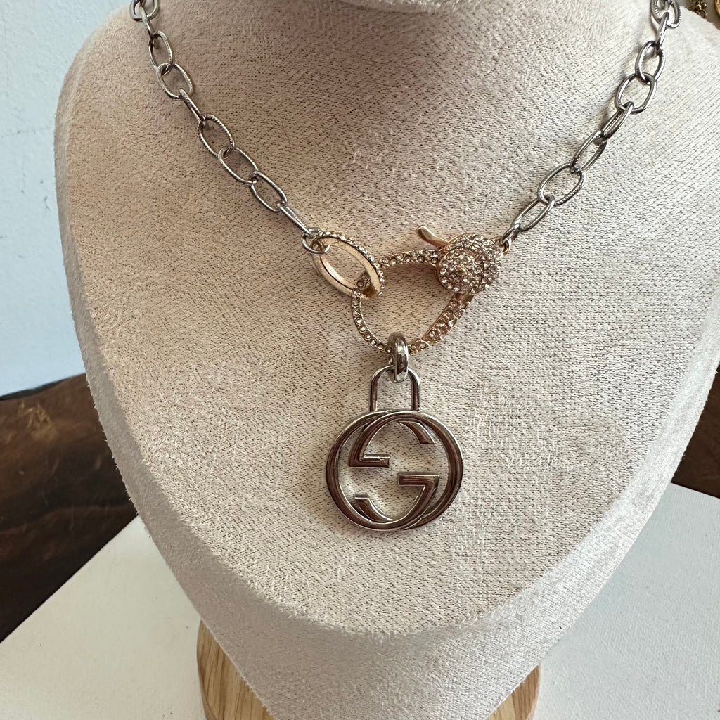 Silver GG Zipper pull on Silver Necklace with fun Rose Gold Clasp