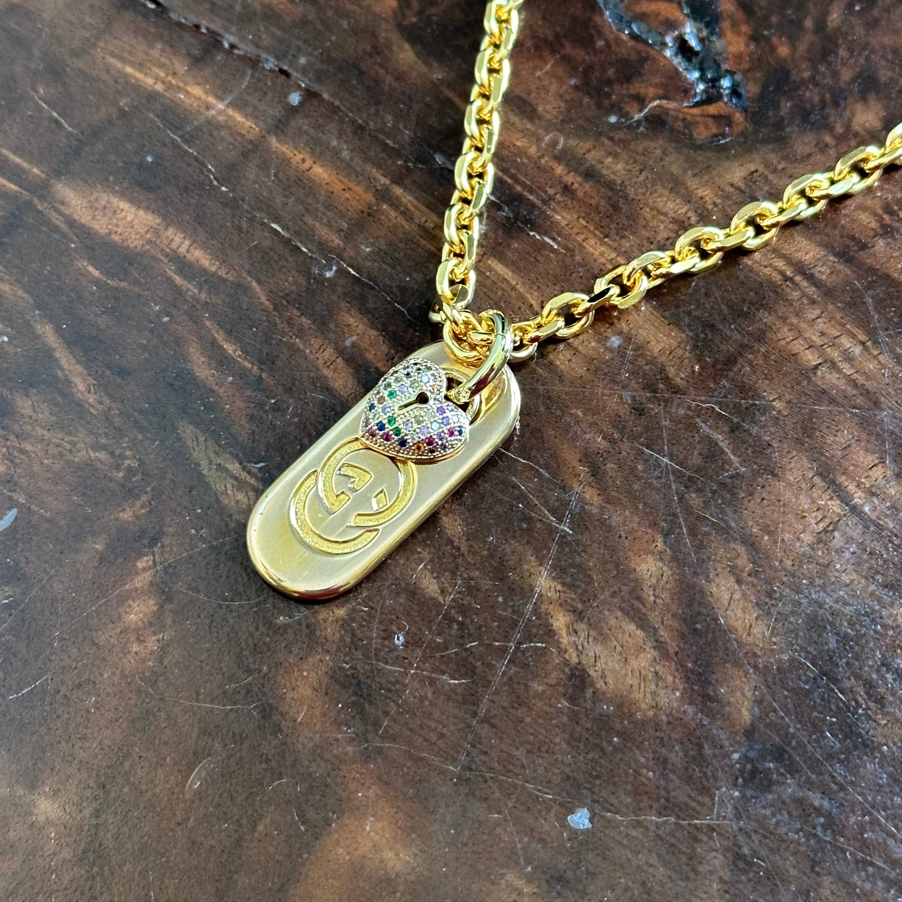 Upcycled Gucci Zipper Pull with Blingy Heart Charm Necklace