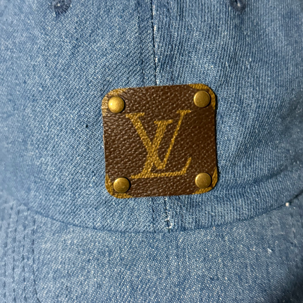 Upcycled LV Patch on Dark Denim Hat