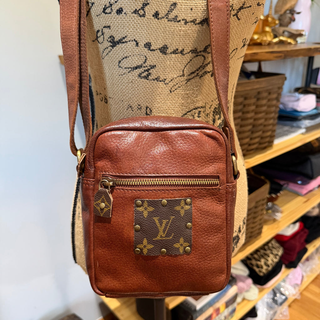 Cognac Leather Messenger Bag with LV Monogram Patch
