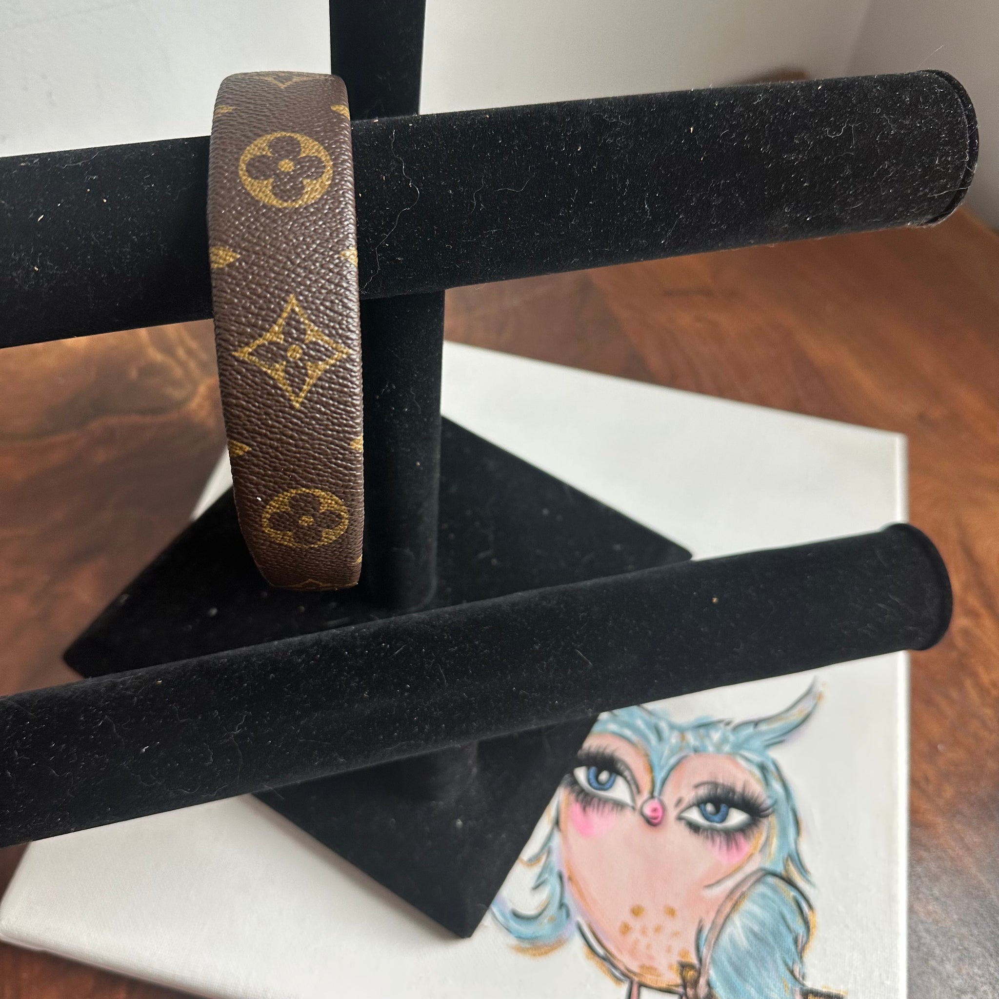 Louis Vuitton upcycled Brown Embossed reverse Monogram Leather Headband new LV Outline Headband $540 Mng & Mng Reverse main image 2